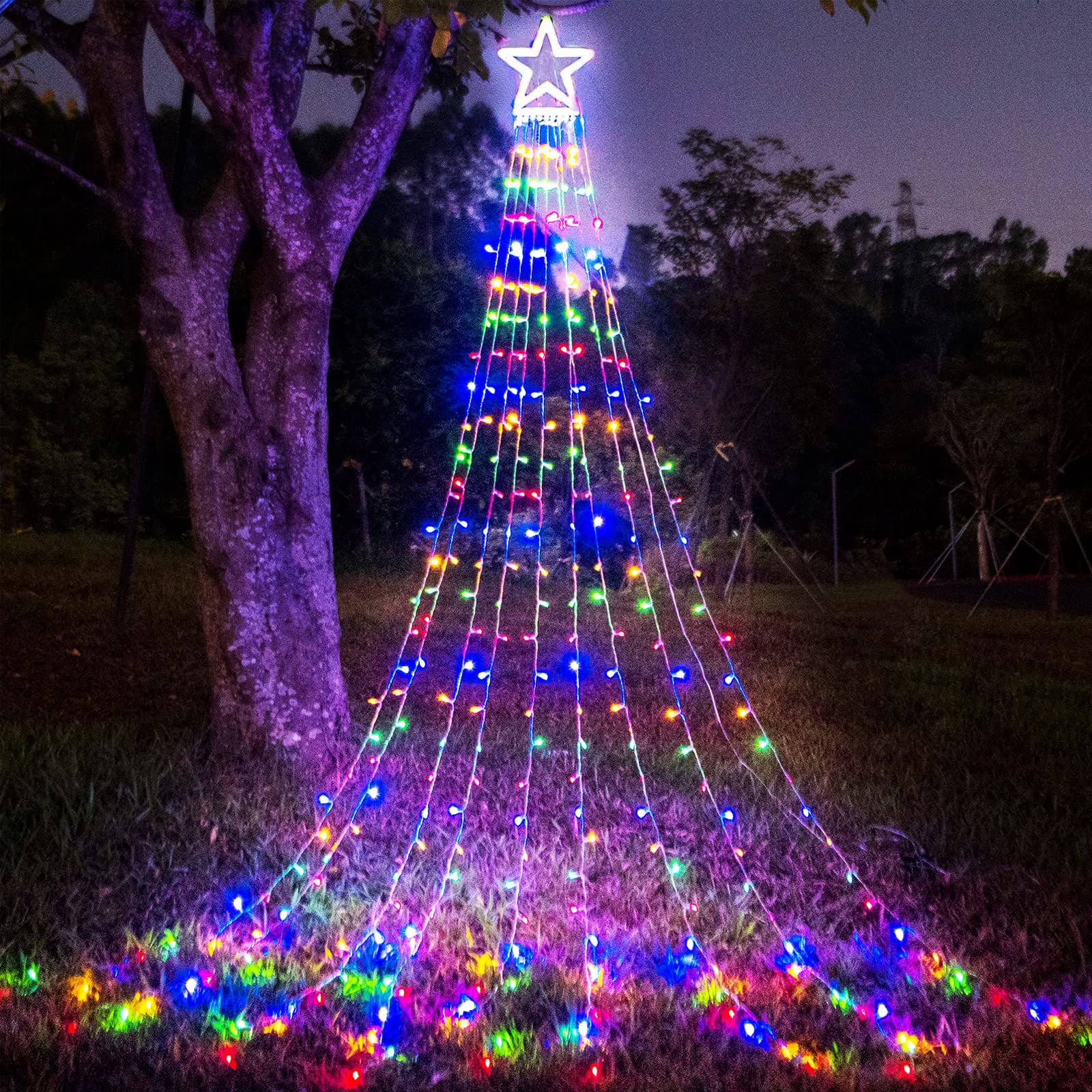 FUNIAO Christmas Lights, 320 LED Waterfall String Lights, 8 Light Modes, 12in Star Tree Topper, Multicolor, Model YLS1000WD01