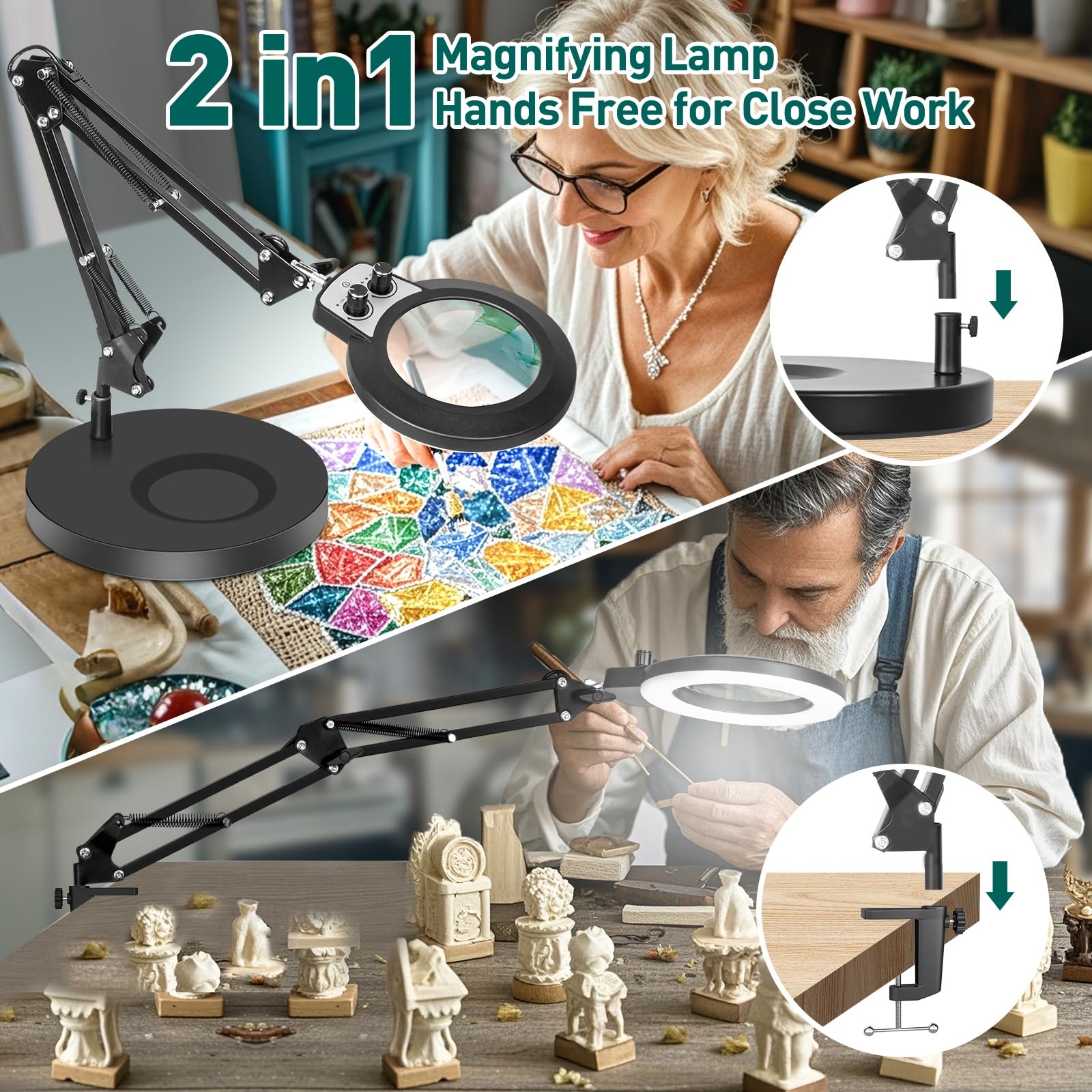Kmdes 10X Magnifying Glass With Light And Stand, Upgraded Any Color Modes & Stepless Dimming Magnifying Lamp, 2-In-1 Hands Free