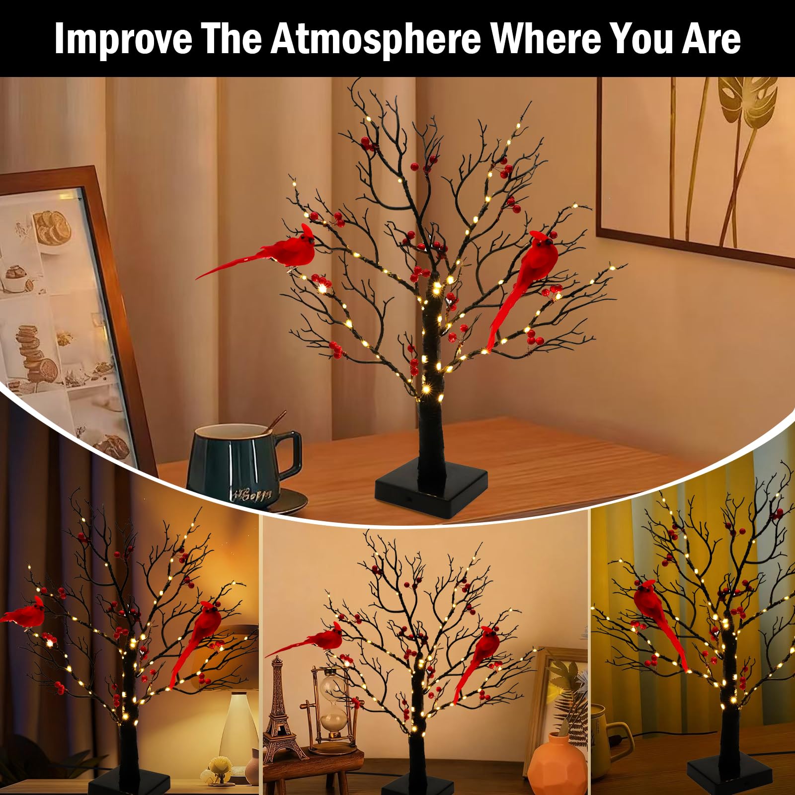 NKDFRI Vintage LED Glowing Tree, 6in Black, Battery Operated, Copper Wire with Cardinals & Red Berries - Holiday Decor
