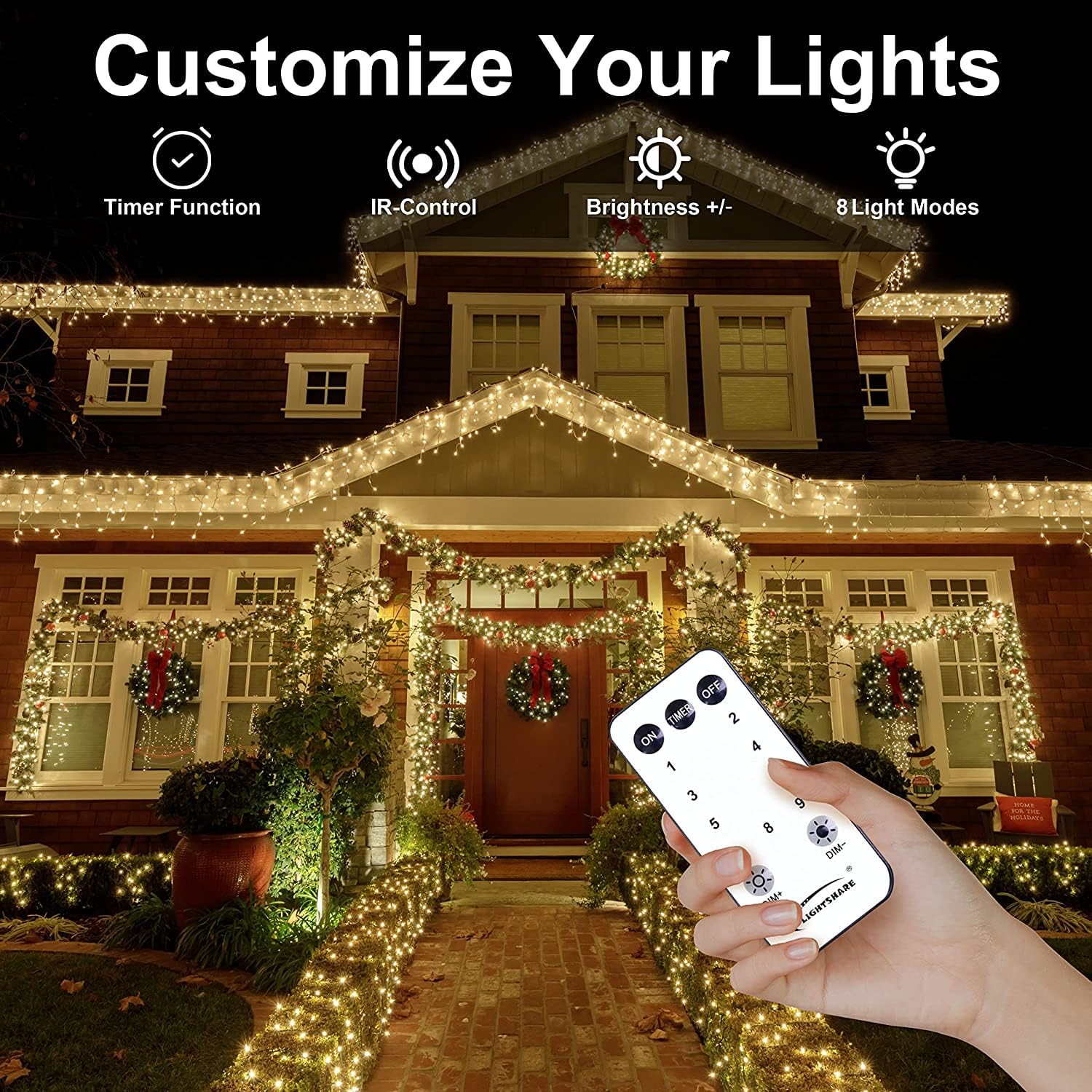 LIGHTSHARE 1000LED String Lights, Warm White, 328FT, 8 Modes, Green Wire, Model LZZK-IR21-13-01