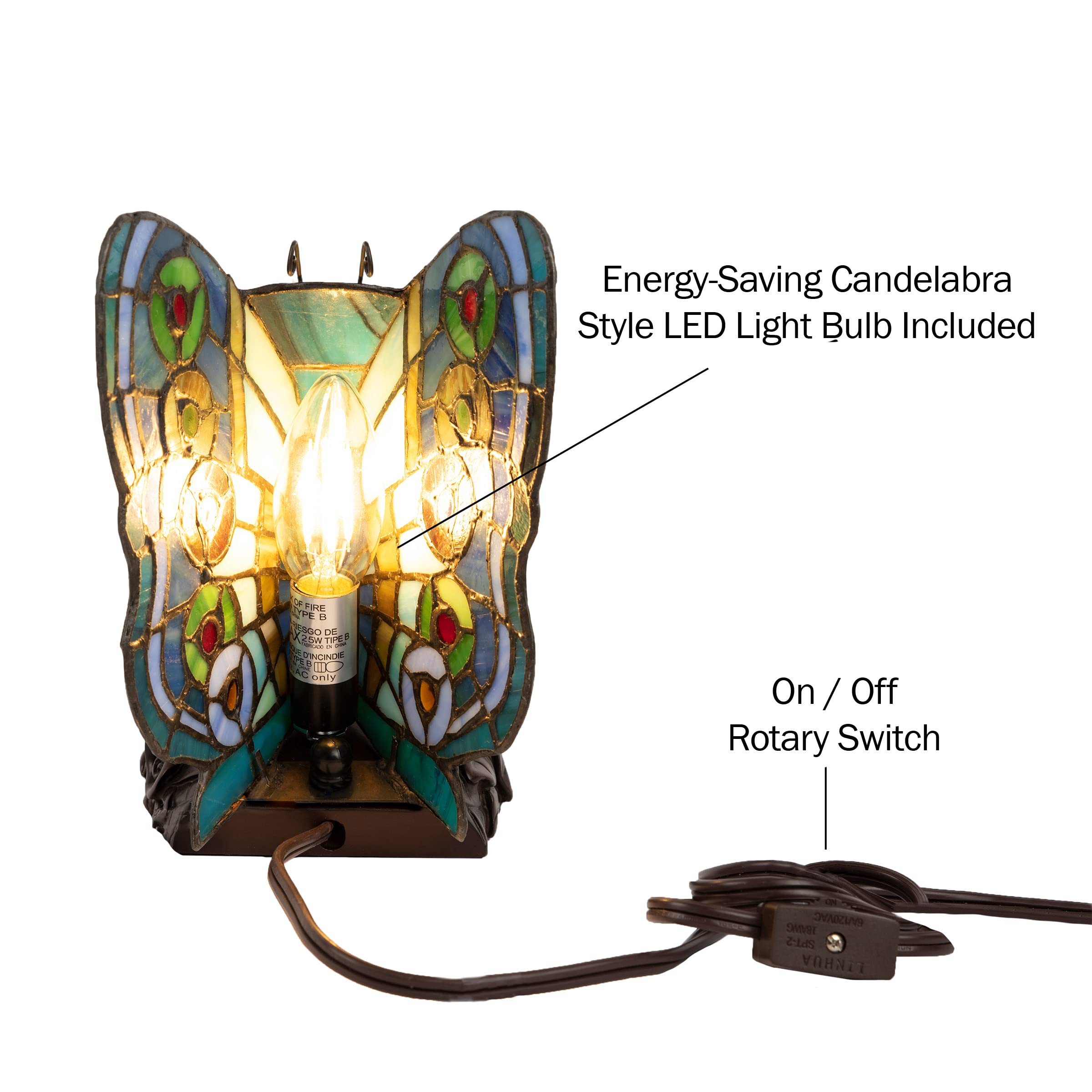 Lavish Home Tiffany Style Butterfly Table Lamp - Set Of 2 Stained Glass Desk Or Night Light Lamps With Led Bulbs - Vintage-Style