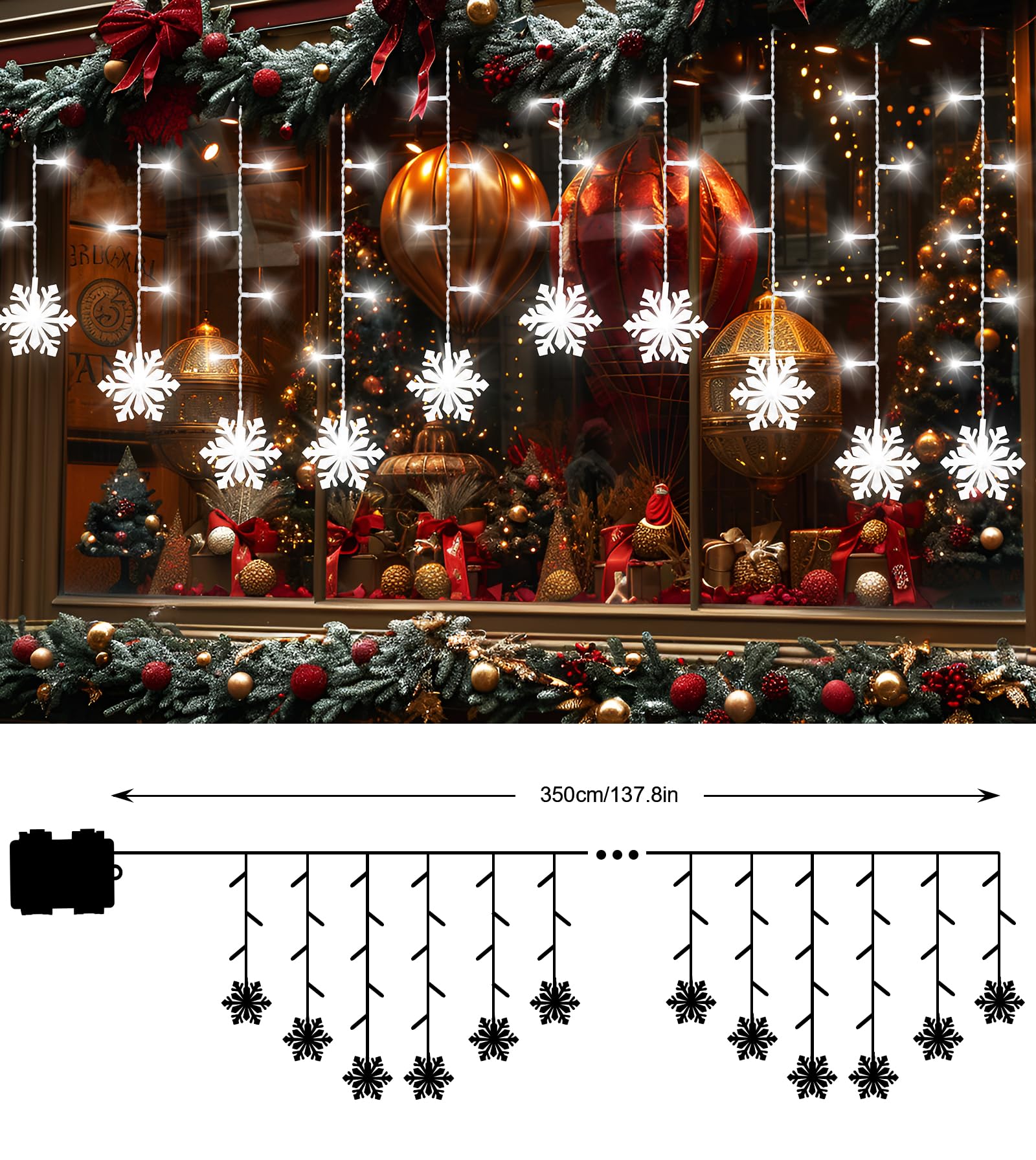Christmas Window Lights With Snowflake, 3.5M 90Led Waterproof Curtain String Lights With Remote, Timer,8 Modes&4 Brightness, Curtain Lights For Indoor/Outdoor/Bedroom Decorations (Cool White)