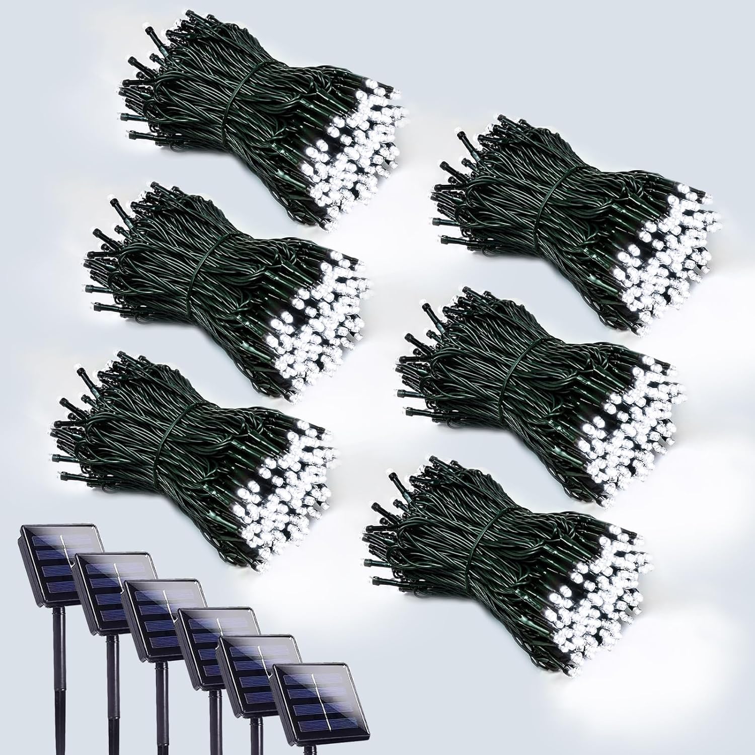 EEW 6 Pack Solar String Lights, 600 LED Cool White, Waterproof Green Wire, 8 Lighting Modes, Model CAIYUAN-100 for Outdoor Decoration