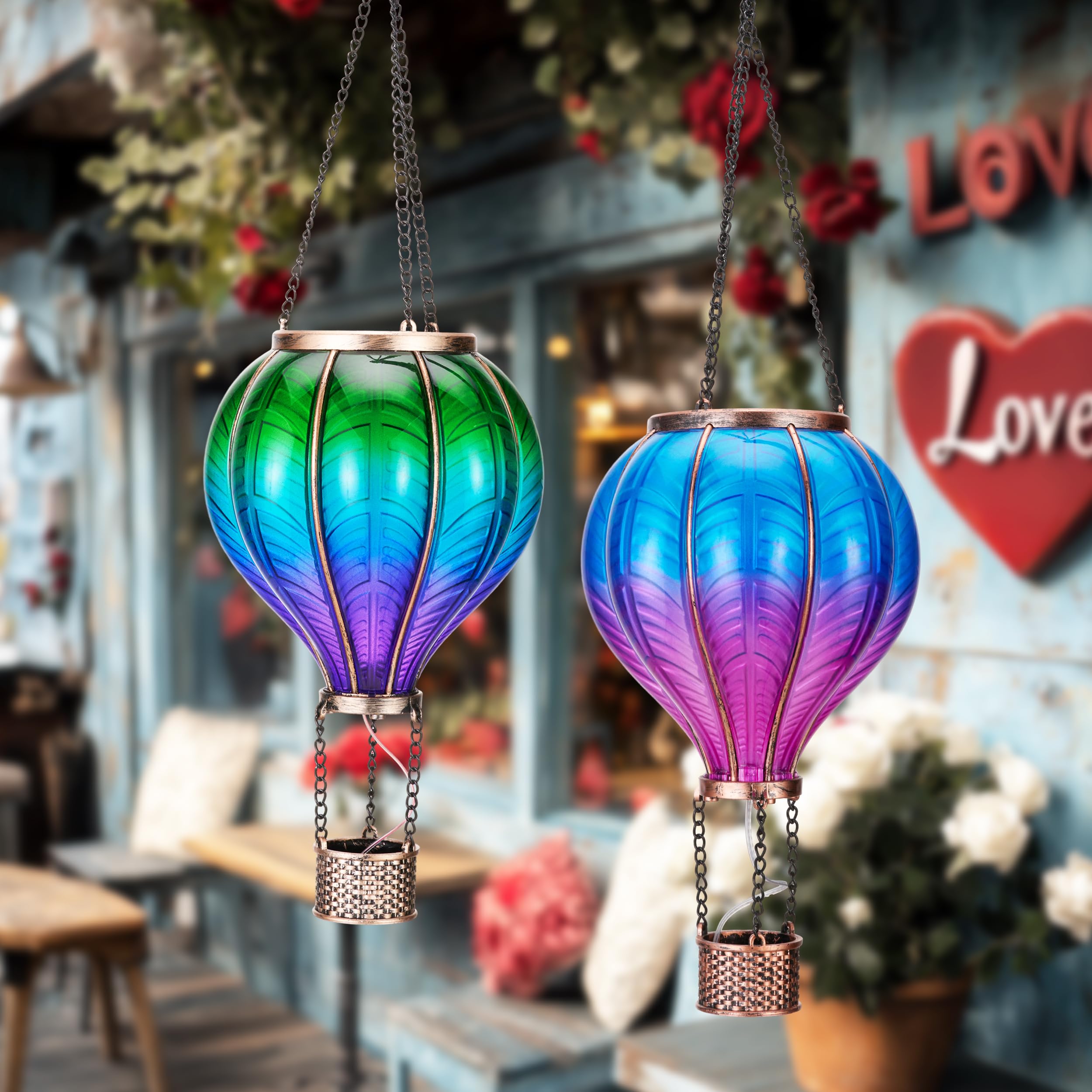 Teresa'S Collections 2 Pack Hanging Solar Lantern Outdoor Garden Decor For Valentine ,Waterproof Plastic Hot Air Balloon Green F