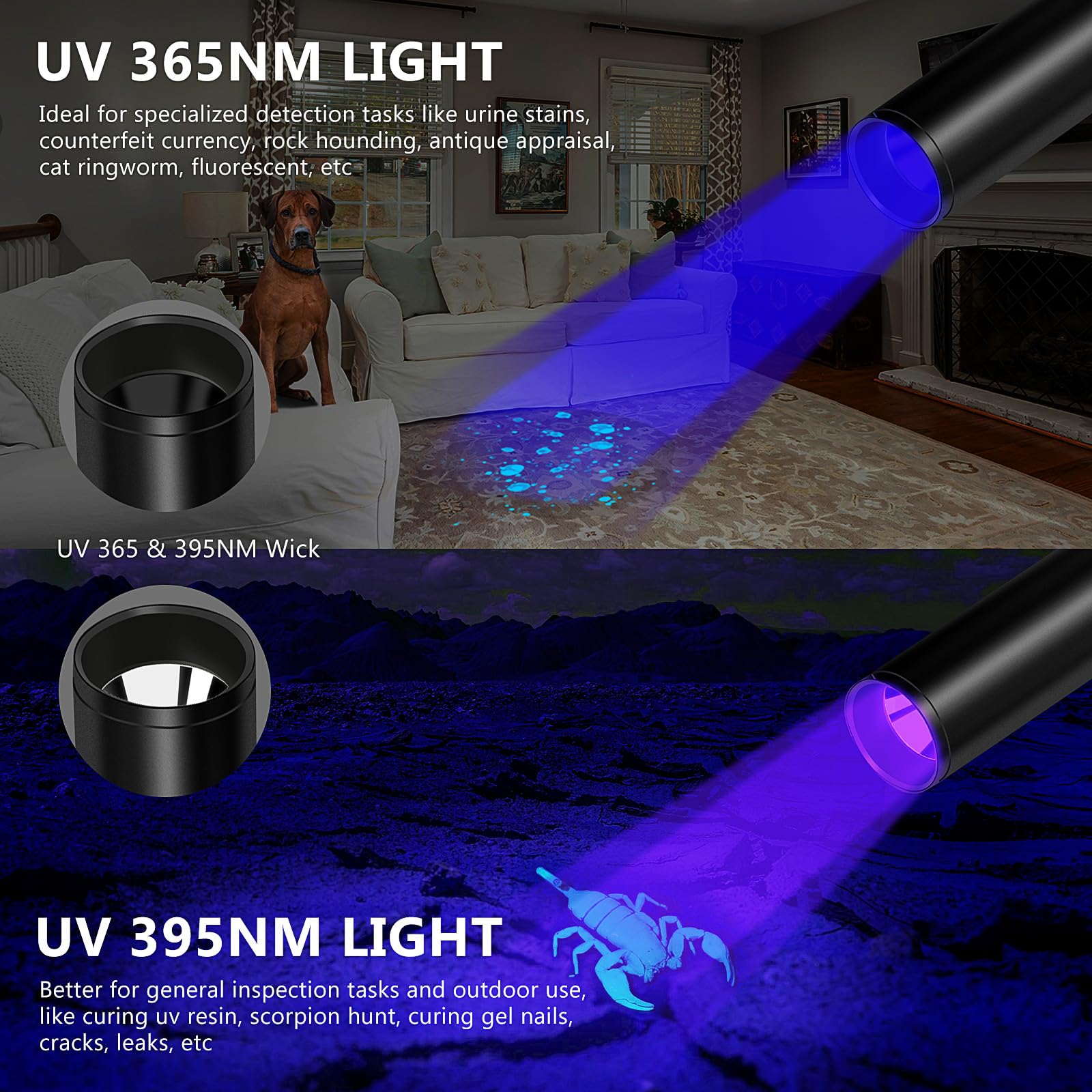 LUXNOVAQ UV Flashlight 365nm & 395nm, Mini Rechargeable Black Light, Aluminum, 4 Pack