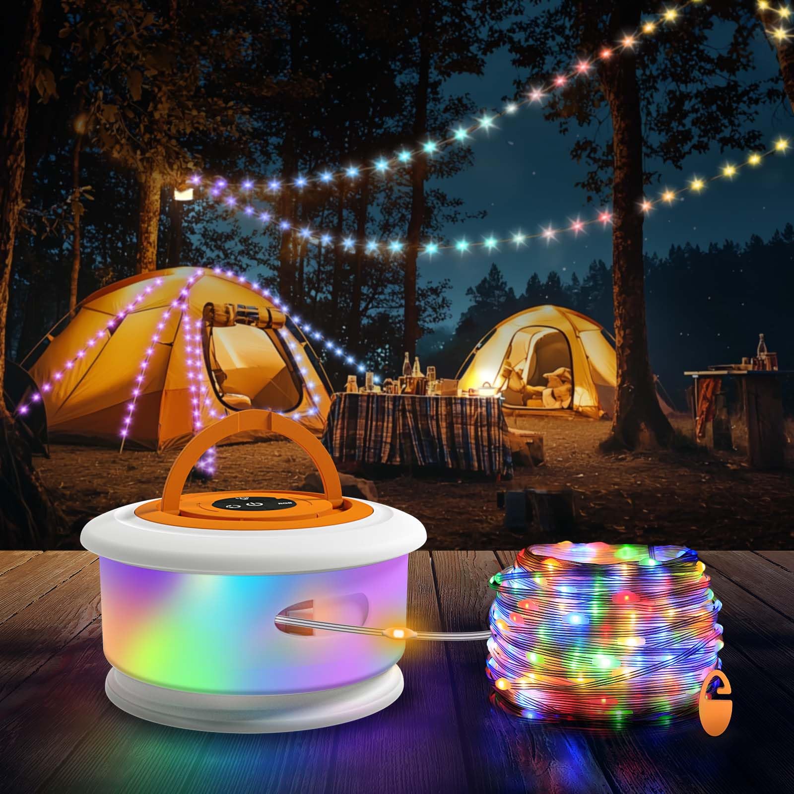 TOHETO Camping String Lights, 32.8 FT, Retractable RGB with 19 Modes, Rechargeable, White&Orange, Model JSK-L26