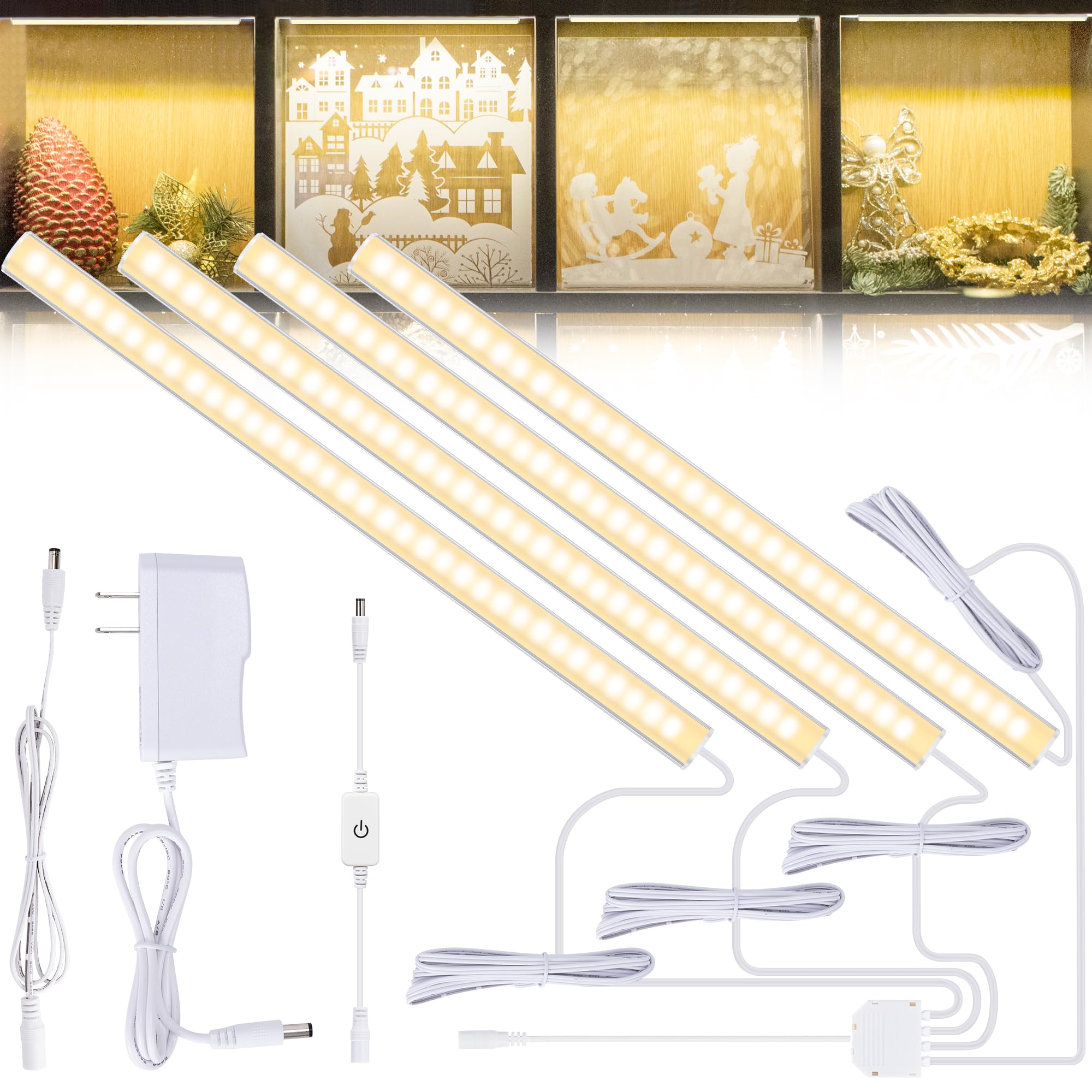 JUSJUBR LED Shelf Lighting, Dimmable Warm White, 4PCS, 12 Inch Aluminum Lights for Display Case/Pantry/Closet