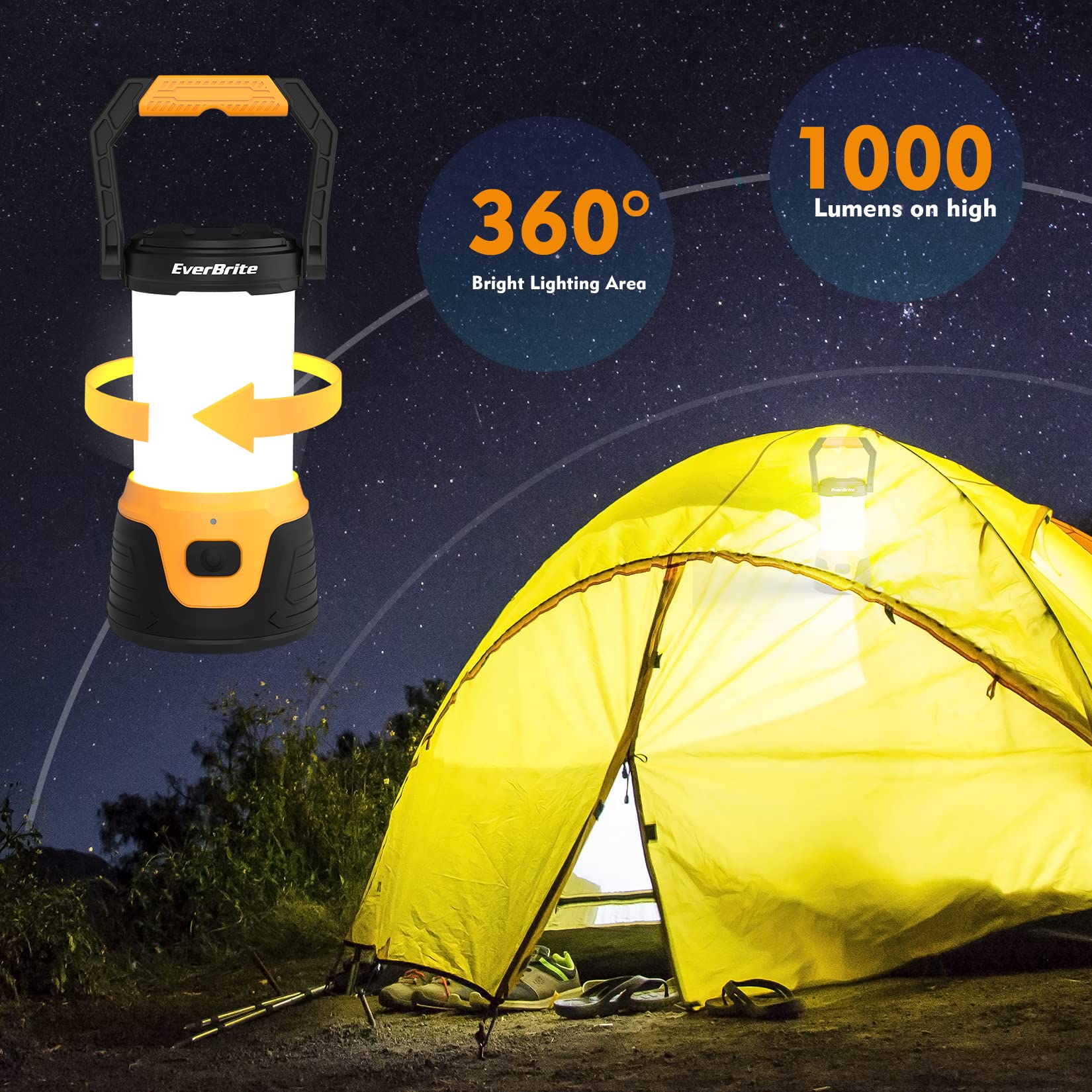 EverBrite Rechargeable LED Camping Lantern, 1000 Lumens, 5 Lighting Modes, Black, Model E041030AE, Ideal for Emergencies and Power Outages