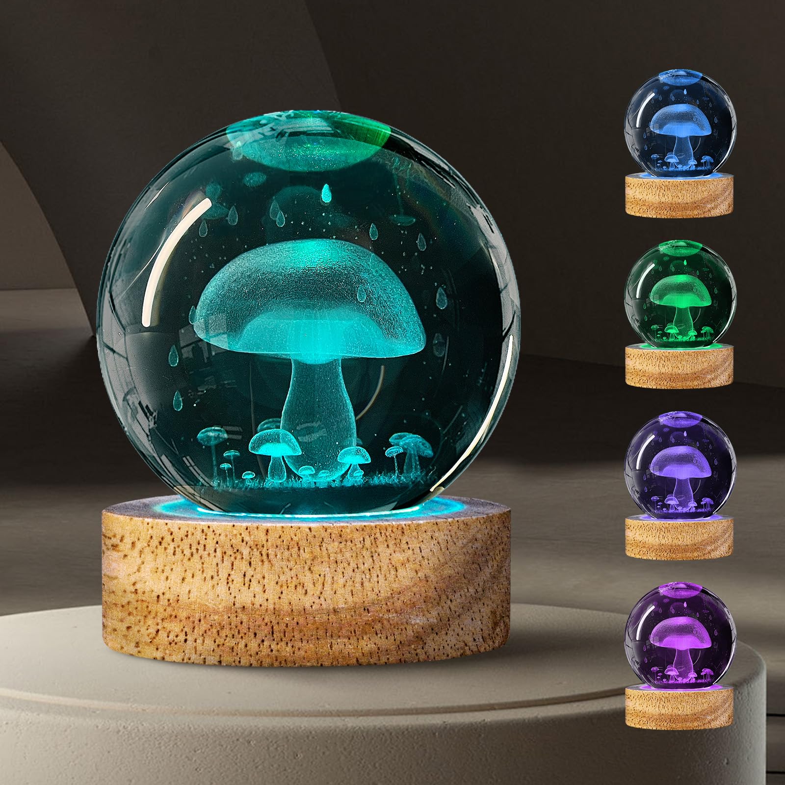 DCORIUNTG 3D Mushroom Crystal Ball Night Light with 16 Color, 60mm Mushroom Glass Ball Lamps with Remote Unique Mushroom Room Ta