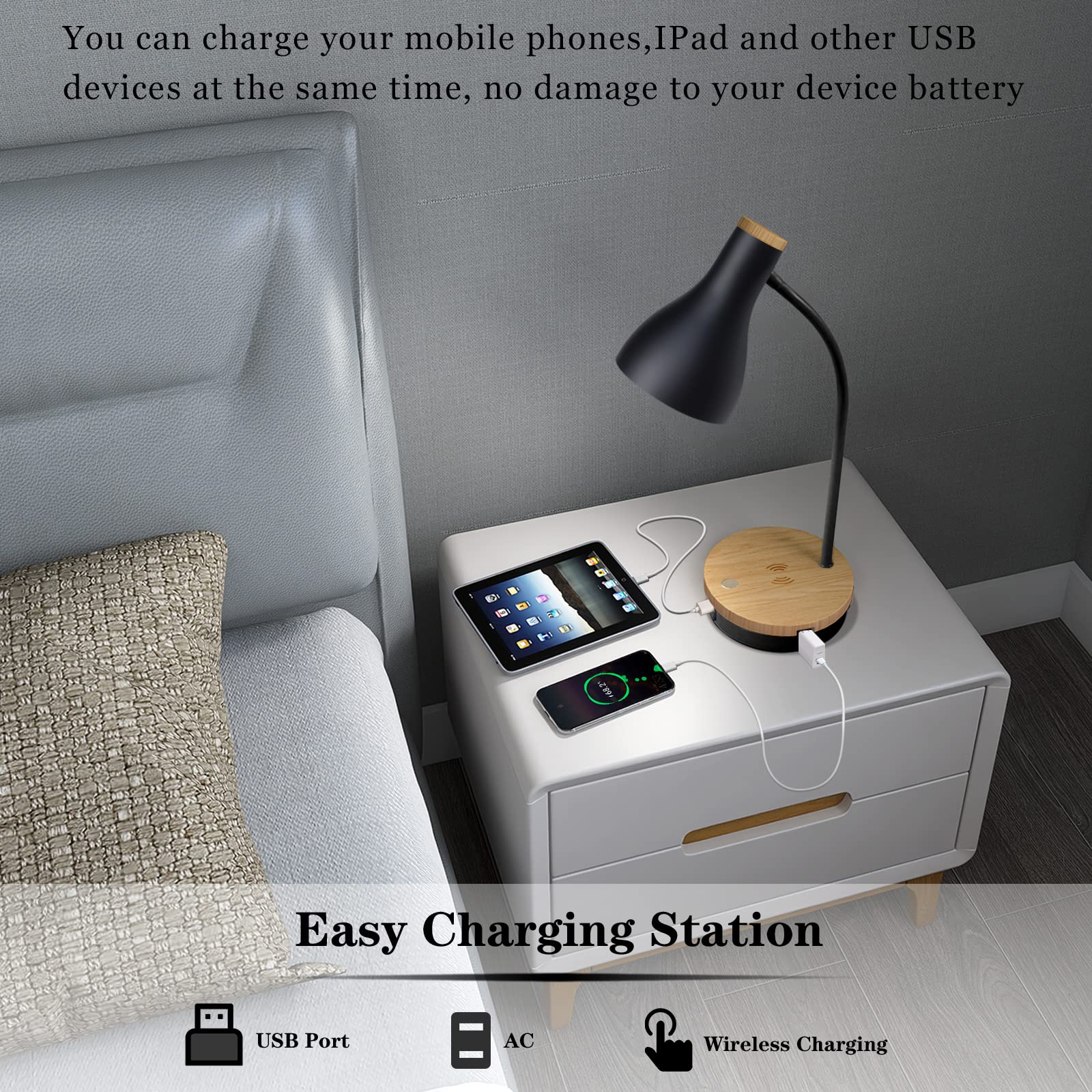 LALISU Metal Desk Lamp - Wireless Charging, 3-Way Dimmable, Touch Control, USB Ports, Black-02, Model LALITB004