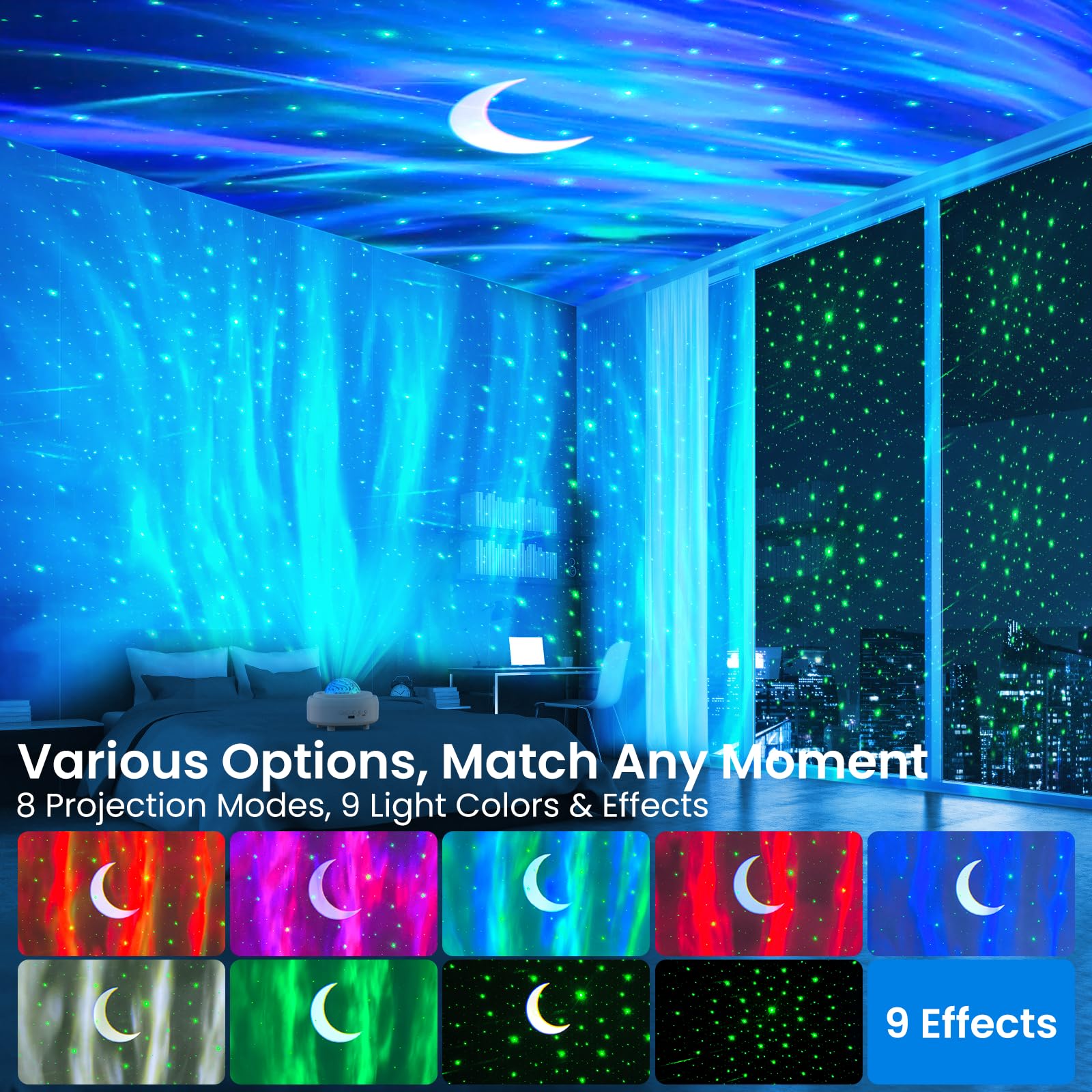 HUMIIEYE Galaxy Projector with Bluetooth Speaker, 8 Modes Northern Lights, Model DY105, White