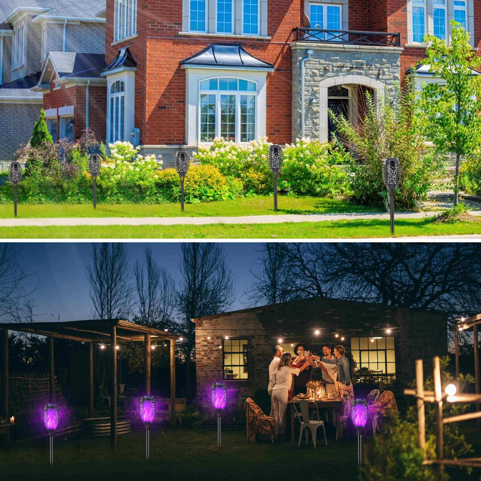 COCOMOX Solar Tiki Torch Lights, 12 Pack, Purple, Waterproof, 12 LED, Flickering Flame, Auto On/Off for Outdoor Garden Pathway