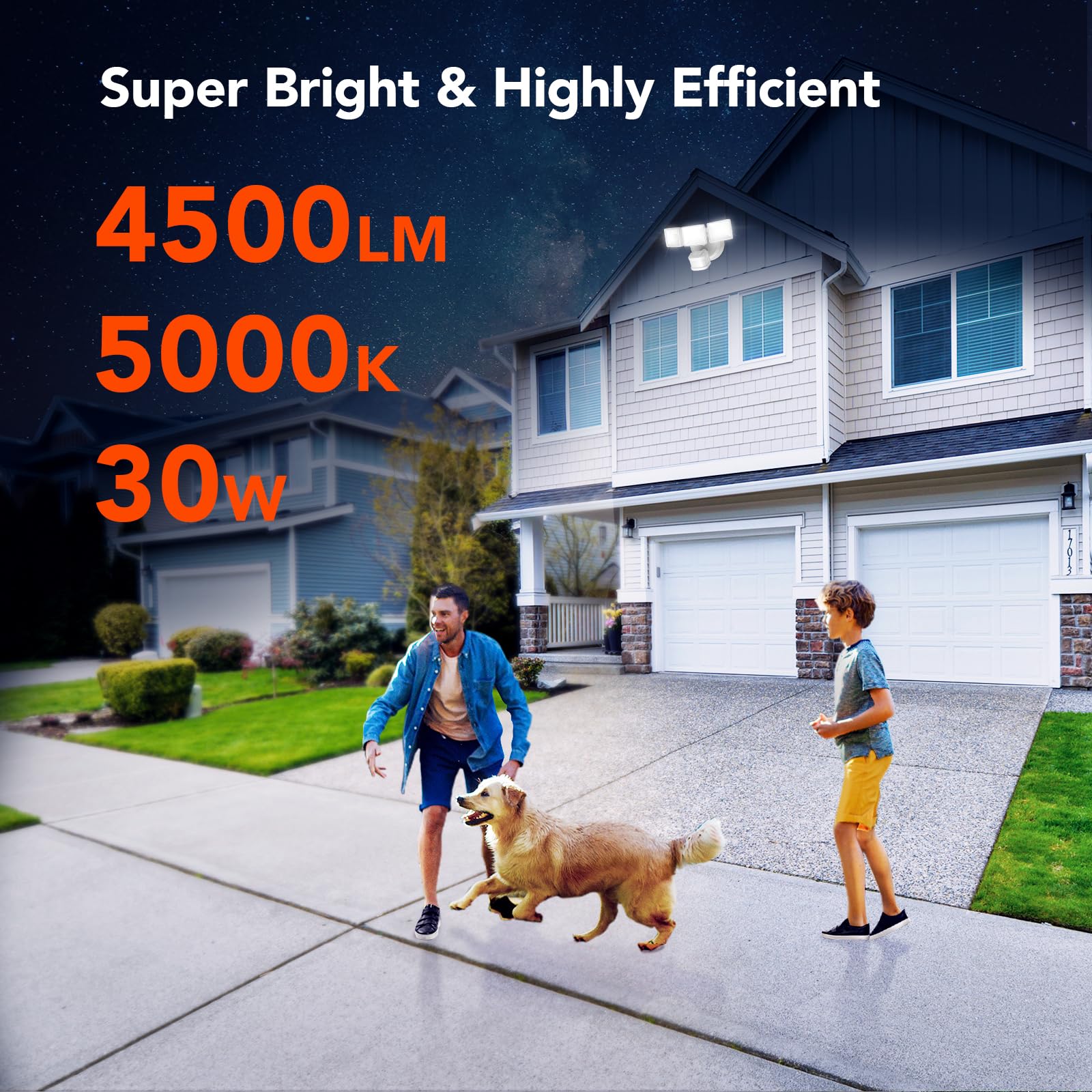 OREiN Motion Sensor Outdoor Lights, 4500LM, 30W, 180° Detection, Dusk to Dawn, IP65 Waterproof, 2 Pack, White, Model OL360035