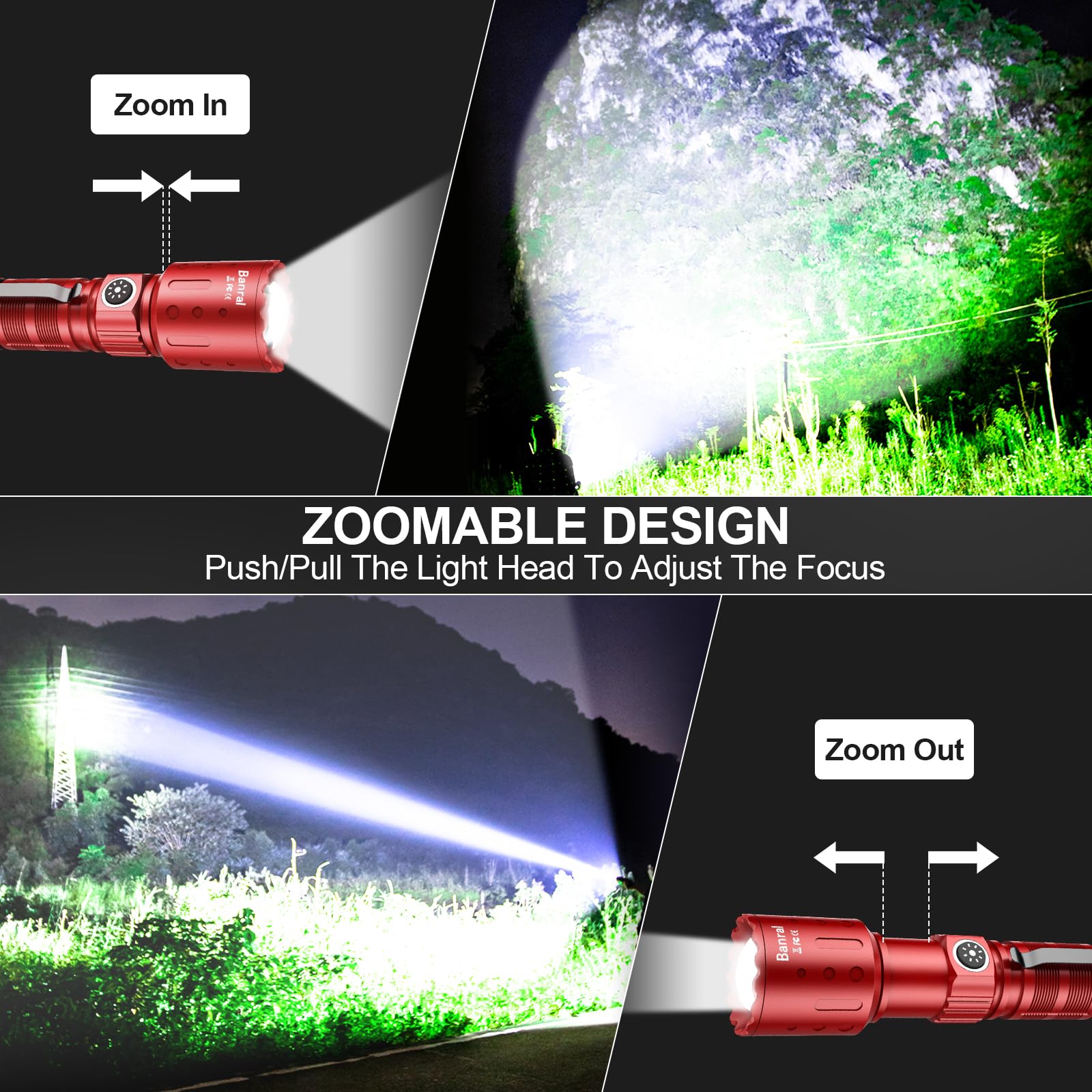 Banral High Lumens Rechargeable Flashlight, 6 Modes, LED Tactical, Small, Waterproof, Model K-2316-B, Red