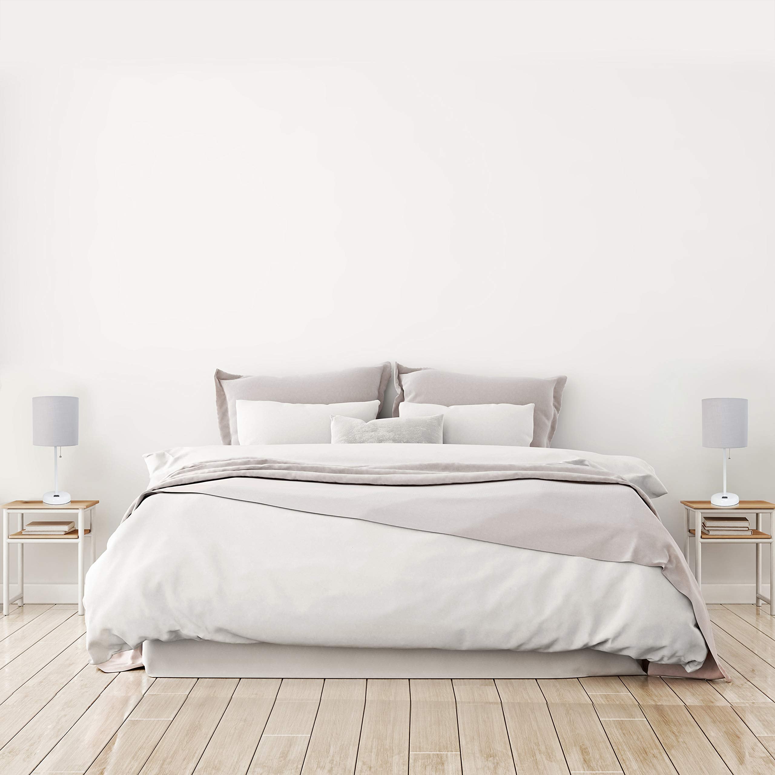 Simple Designs Lc2002-Gow-2Pk White Stick Table Lamp Set With Usb Charging Port And Gray Fabric Shades, 2 Pack Set