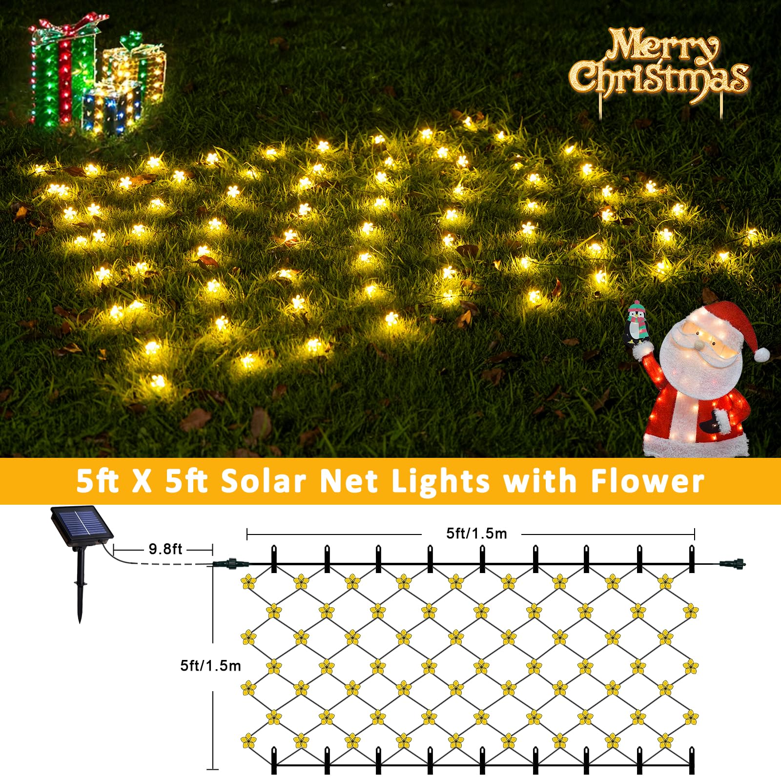 Jmexsuss Solar Net Lights With Flower Outdoor Waterproof, 5 X 5Ft Solar Net Bush Lights Outdoor Mesh Lights, 8 Modes Net Christm