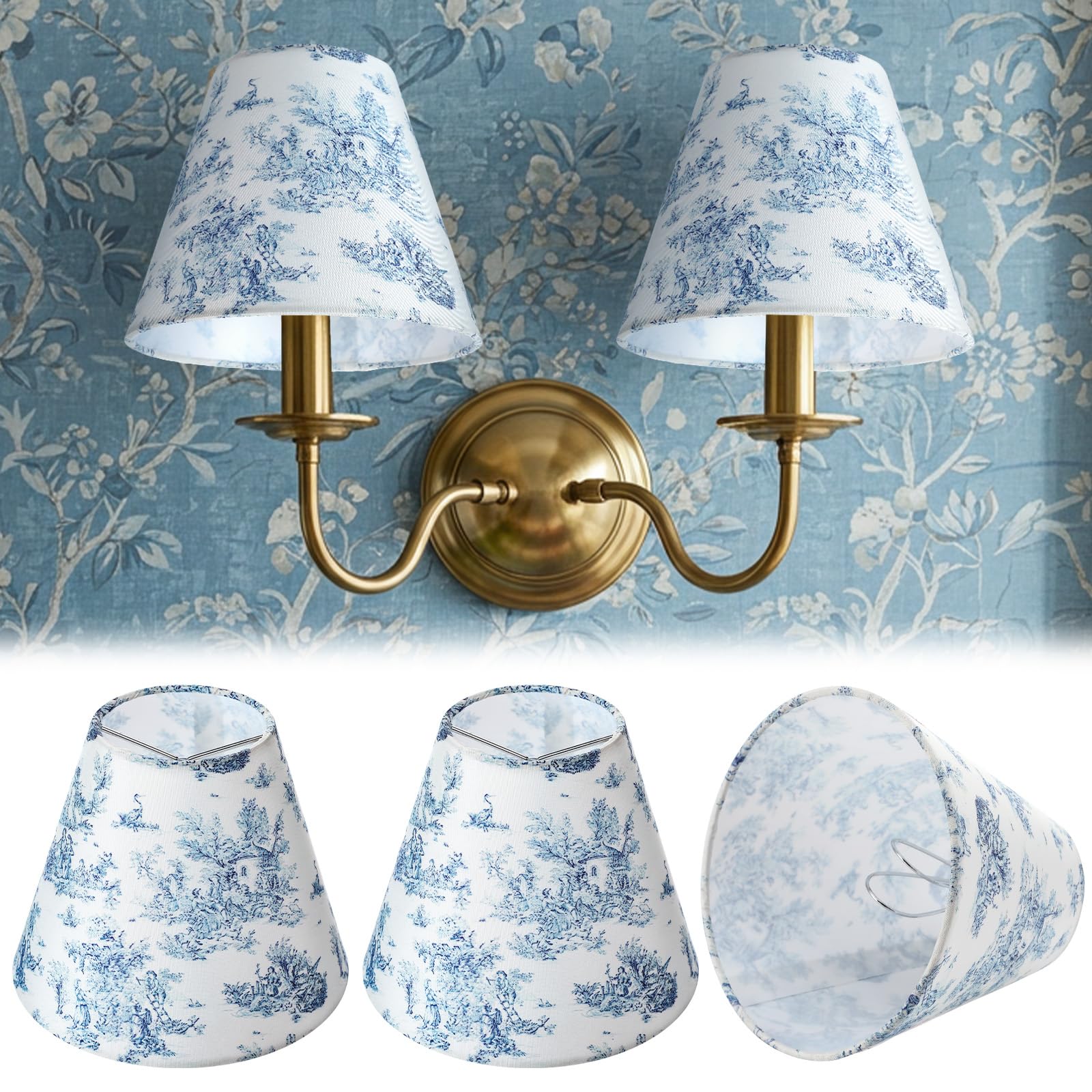 VIHOSE 2 Pcs Small Lamp Shade Sconce Lamp Shade 3 Top x 6 Bottom x 5 Slant French Countryside Toile Clip on Lampshade for Wa