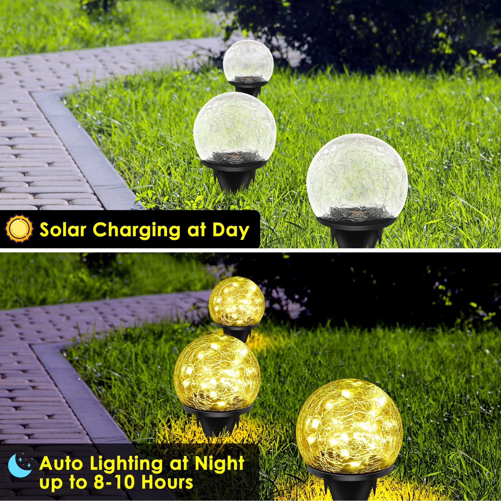 Keevvon Solar Garden Lights, 4 Pack 120 Led Warm White Cracked Glass Solar Outdoor Lights Decorative, Upgraded Waterproof Ball Lights For Yard Pathway Patio Lawn Christmas Outside Decor, 3.94&quot;