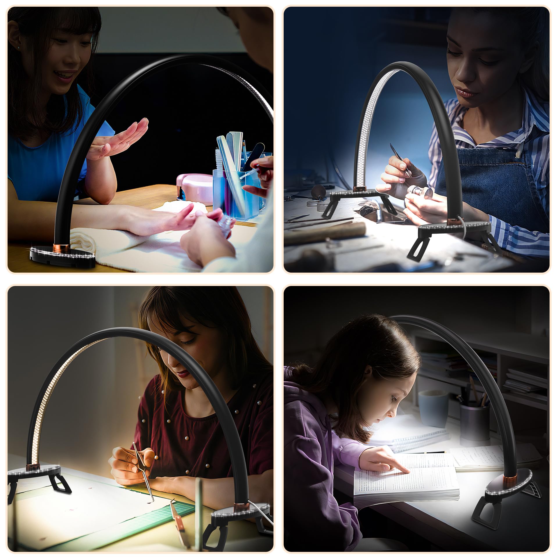 Half Moon Light For Nail Desk, Black Nail Tech Desk Lamp With Stepless Dimming, 3 Color Temperature, For Manicure, Tattoos, Eyeb