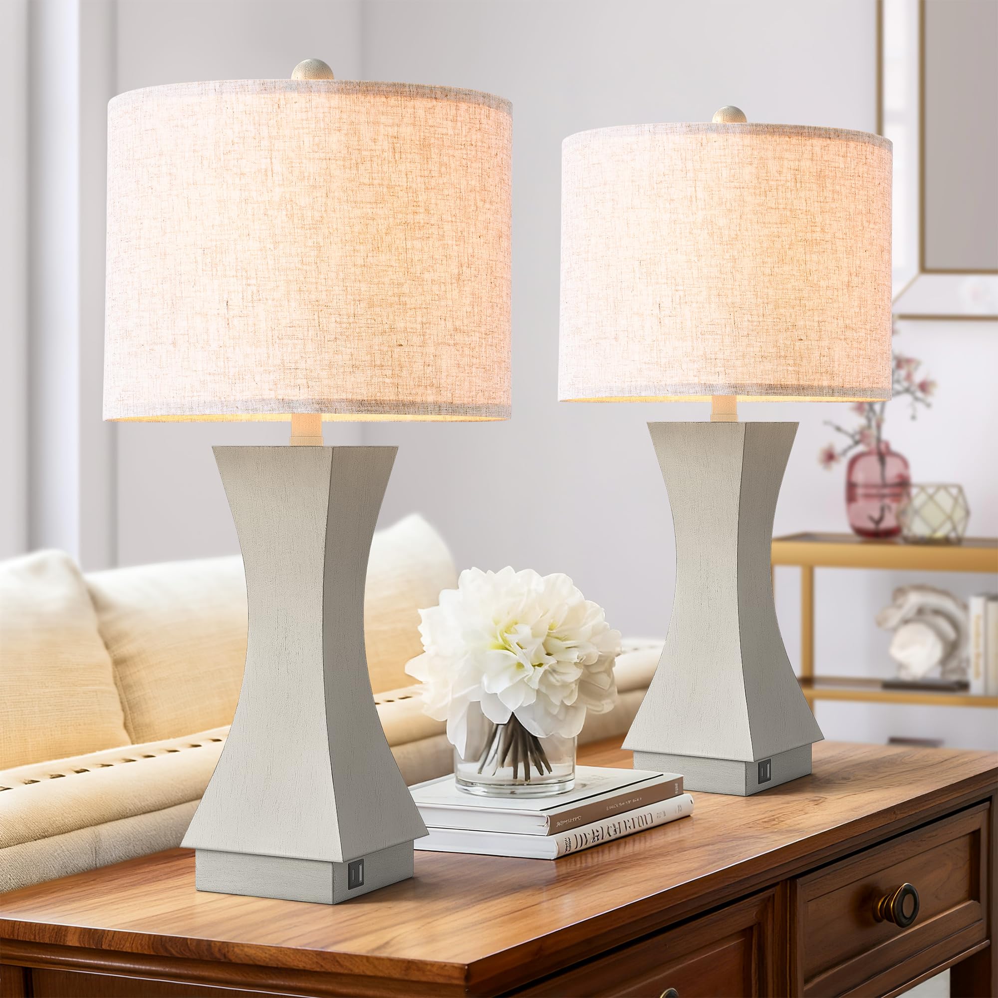 HIGHTRY 24.5 Modern Table Lamp Set of 2, 3-Way Dimmable Bedside Lamps with USB C & A Charging, Farmhouse Resin Nightstand Lamps 