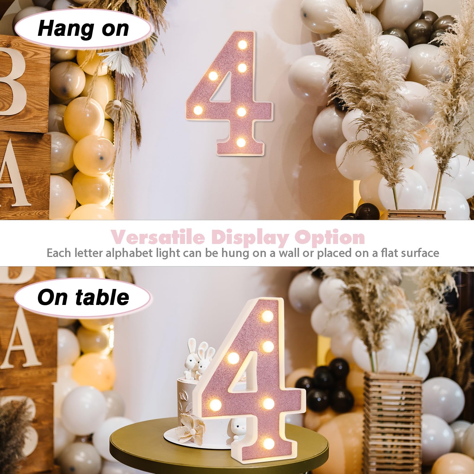 DyingSwan LED Marquee Number, Light Up Number 4, 8.58 Inch, Pink Glitter, Battery Powered Plastic Night Light for Party Decor