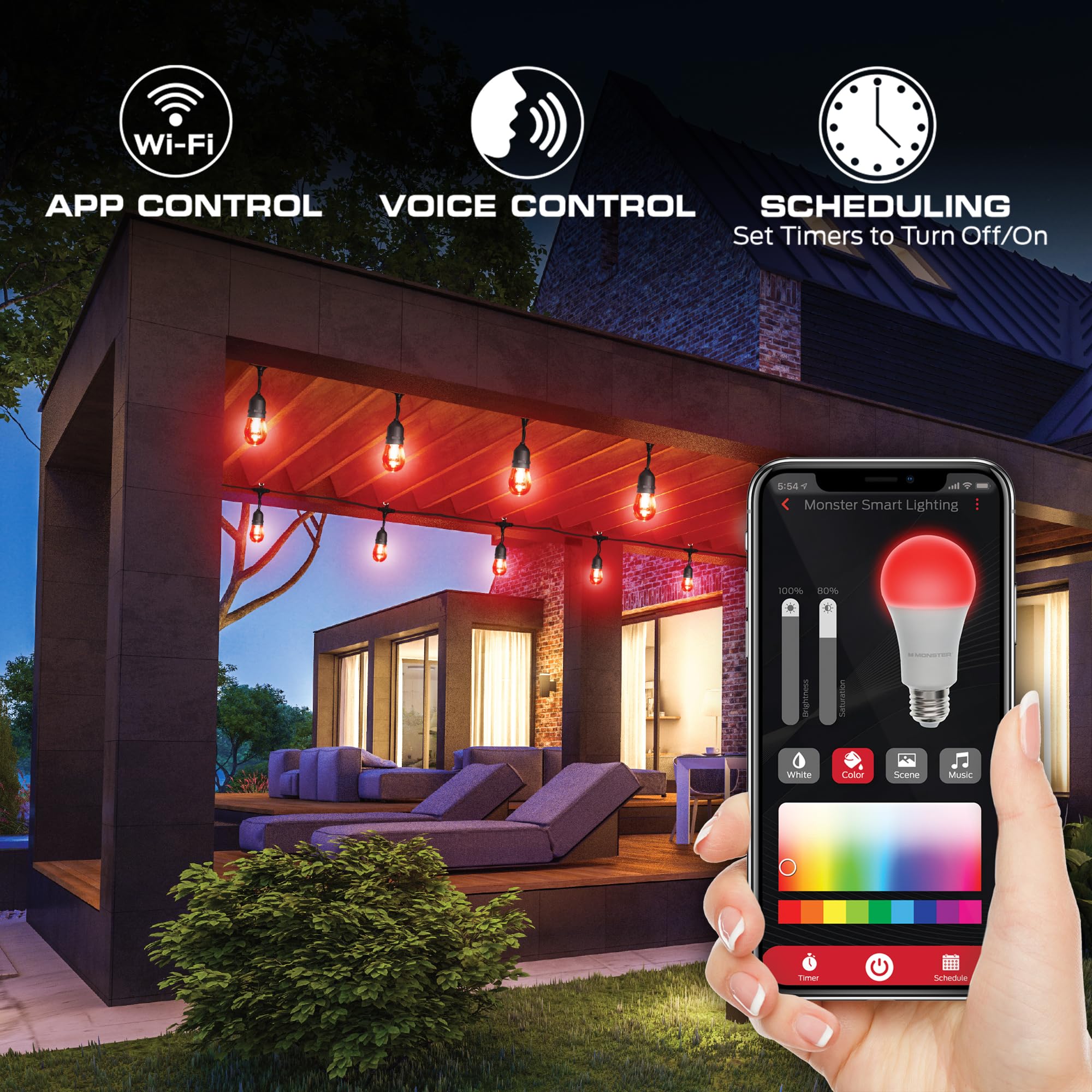 Monster 24ft Premium Outdoor Smart RGB+IC+WW String Lights - 12 Dimmable LEDs, Sound Reactive, Weather Resistant, Compatible with Alexa & Google Home