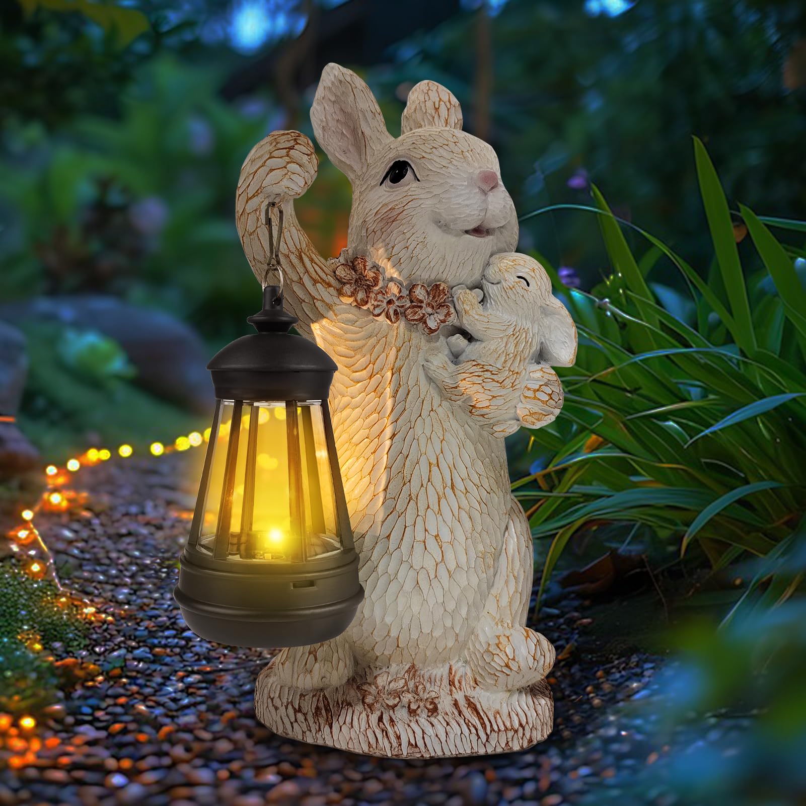 ILLUMINEW Solar Garden Statues Rabbit Lights, Outdoor Lighted Bunny Garden Decor Waterproof Figurines for Patio Porch Balcony Ya