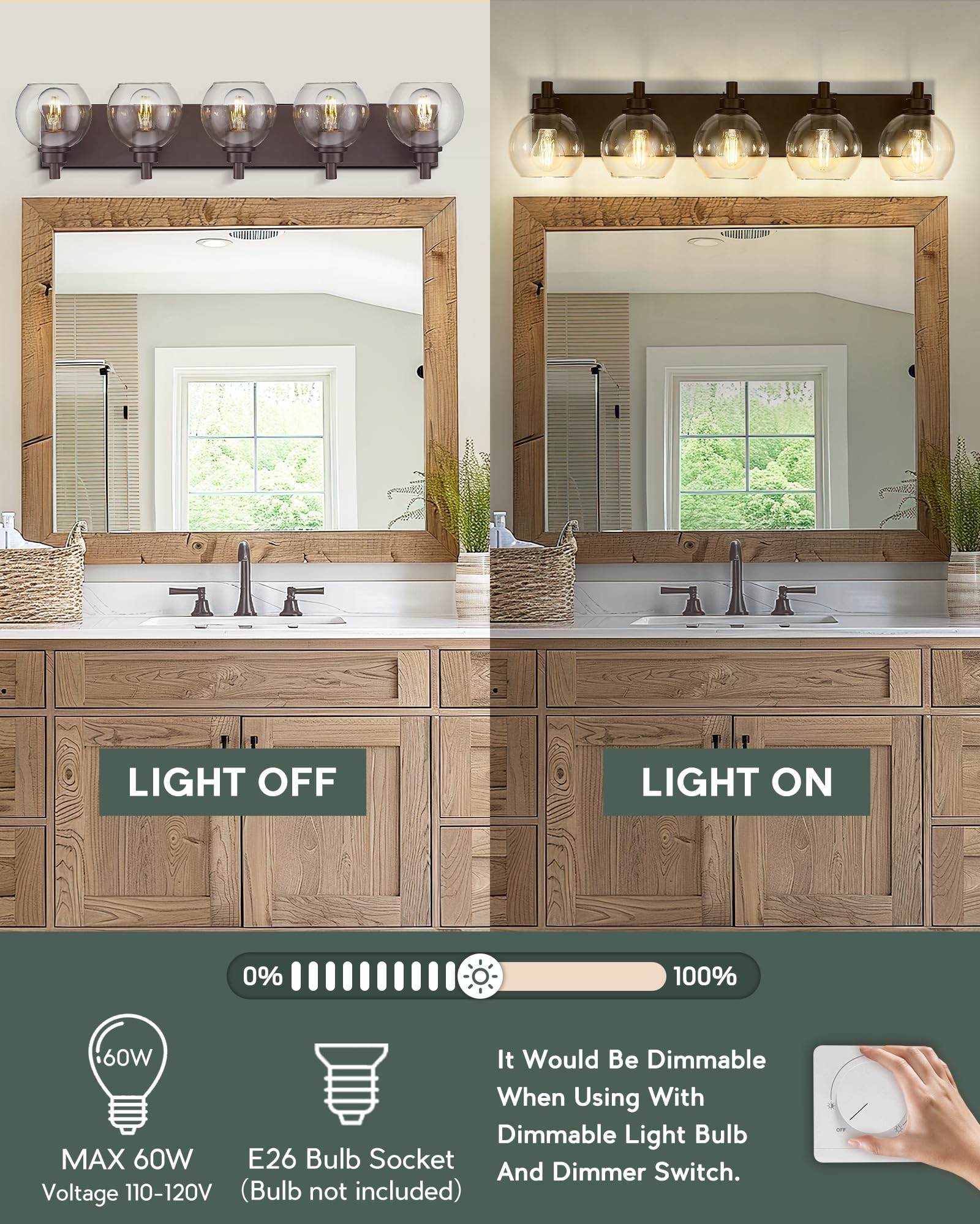 METWET 5-Light Bathroom Vanity Light Fixture, Oil Rubbed Bronze, Modern Sconces with Clear Glass Shades, Model VL195-ORB-5, 32 Inch