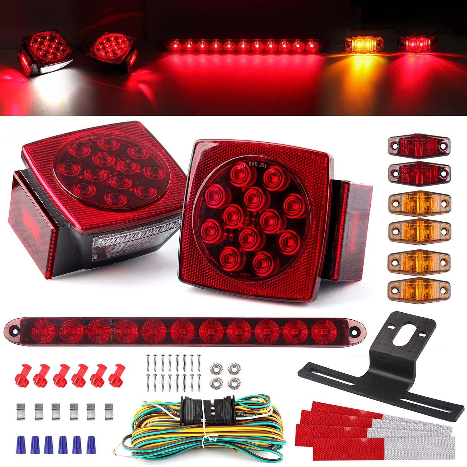 12V Trailer Led Light Kit, 2X Square Led Stop Turn Tail Brake License Plate Running Lights W/ 25Ft Wiring Harness/6X Mini Marker Lights/15&quot; 11Led Trailer Tail Brake Light Bar/License Plate Bracket