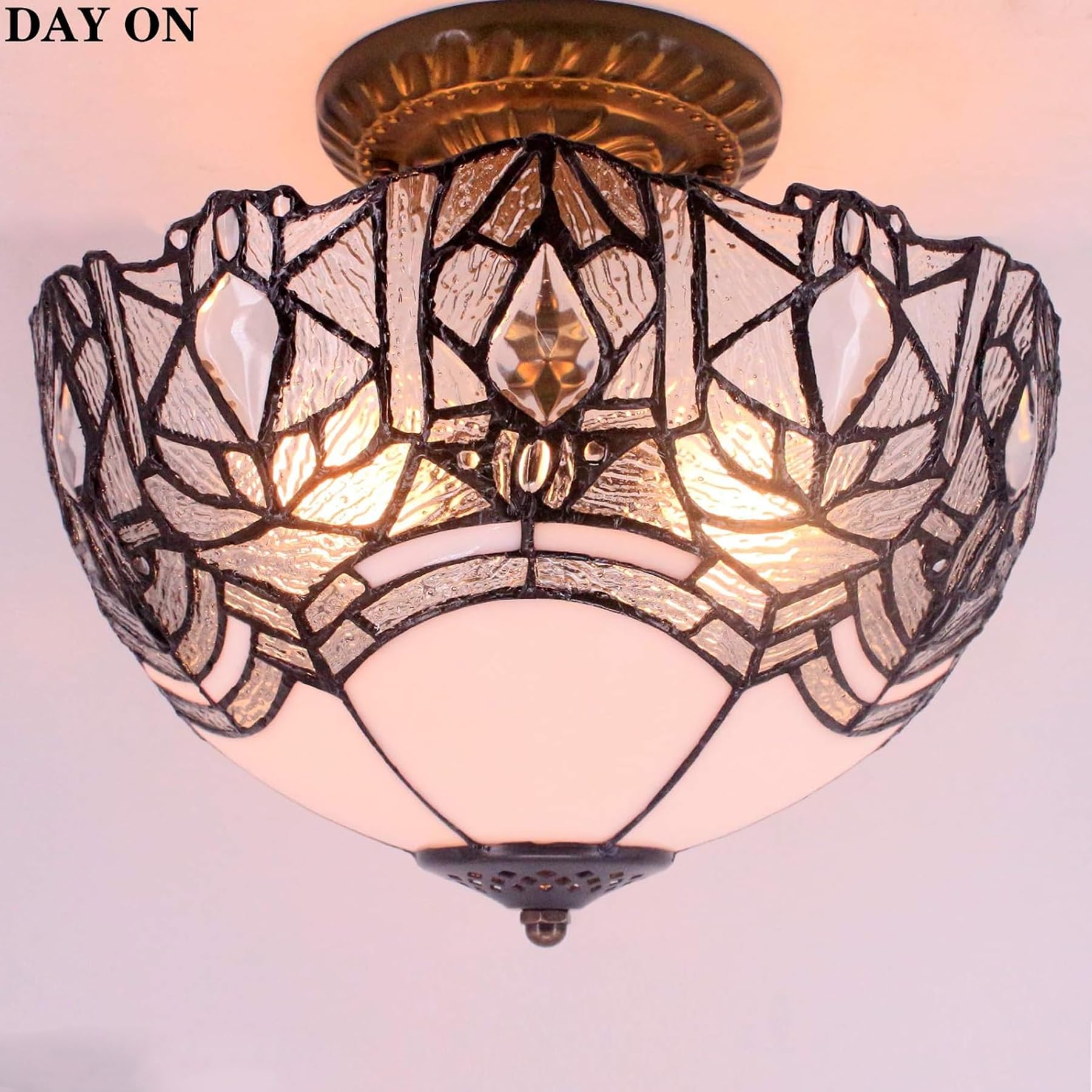 Werfactory Tiffany Ceiling Light Fixture, Crystal Bead, 12X11 Inch, White Stained Glass, Semi Flush Mount, S508W Series