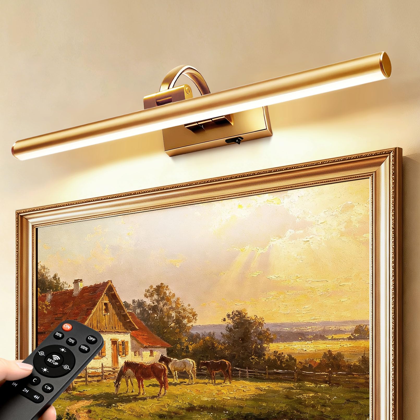 CIPHERGLOW 23.6 Wireless Battery Operated Picture Light, 10000mAh Rechargeable, Brass Finish with Remote, Dimmable LED Wall Art 