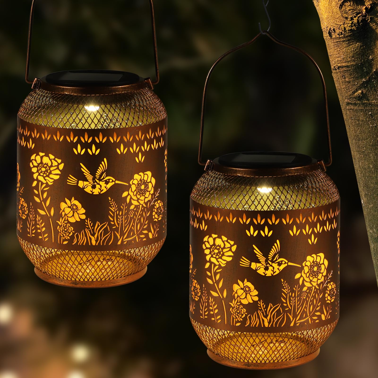 2 Pack Hummingbird Solar Lanterns Outdoor Waterproof Birthdays Gifts for Women Mom Grandma Metal Hanging Hollow Out Garden Decor