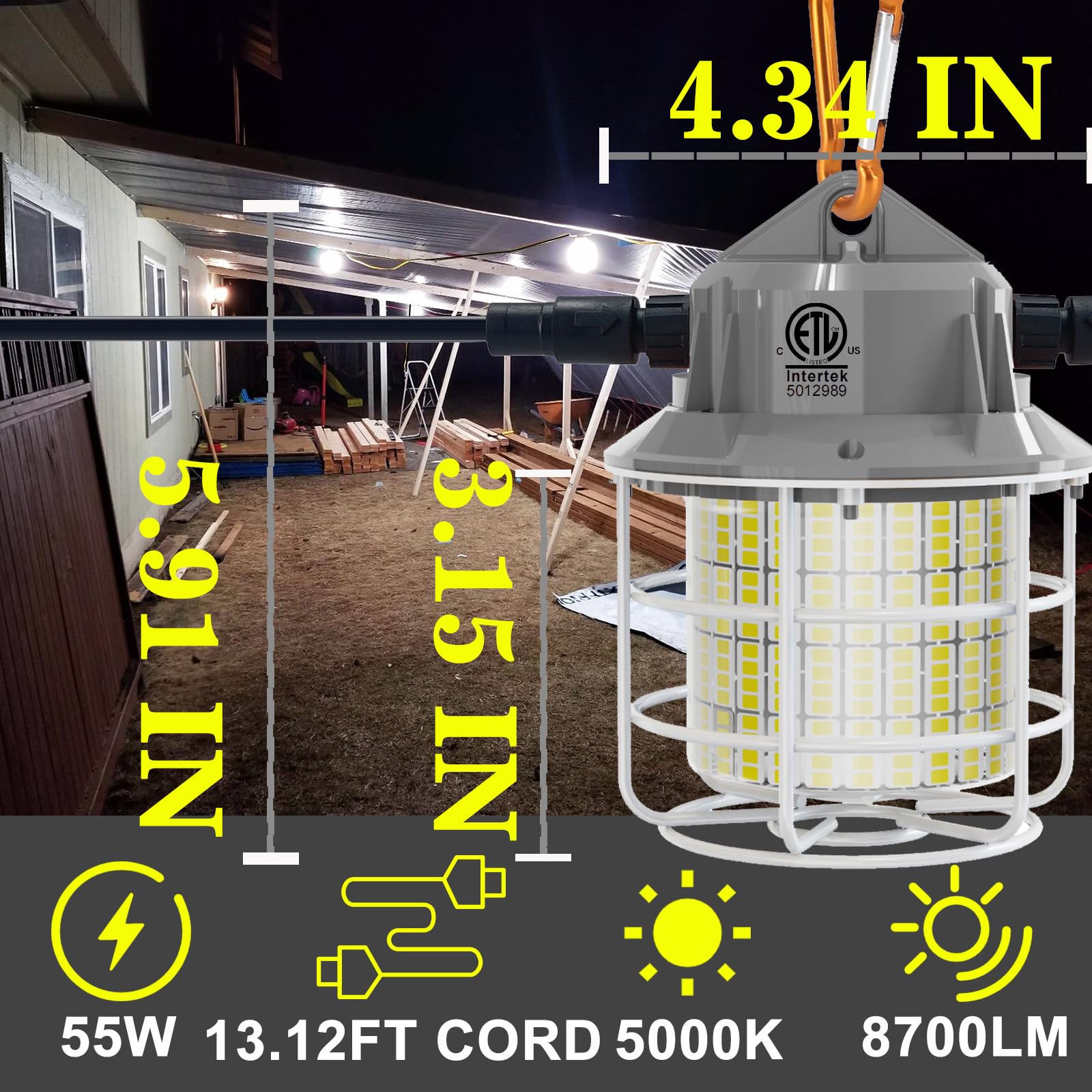 NS Heavy-Duty Linkable LED Work Light, 8700LM, 13ft Cord, Indoor/Outdoor, Gray, Model TWL55W-01-C