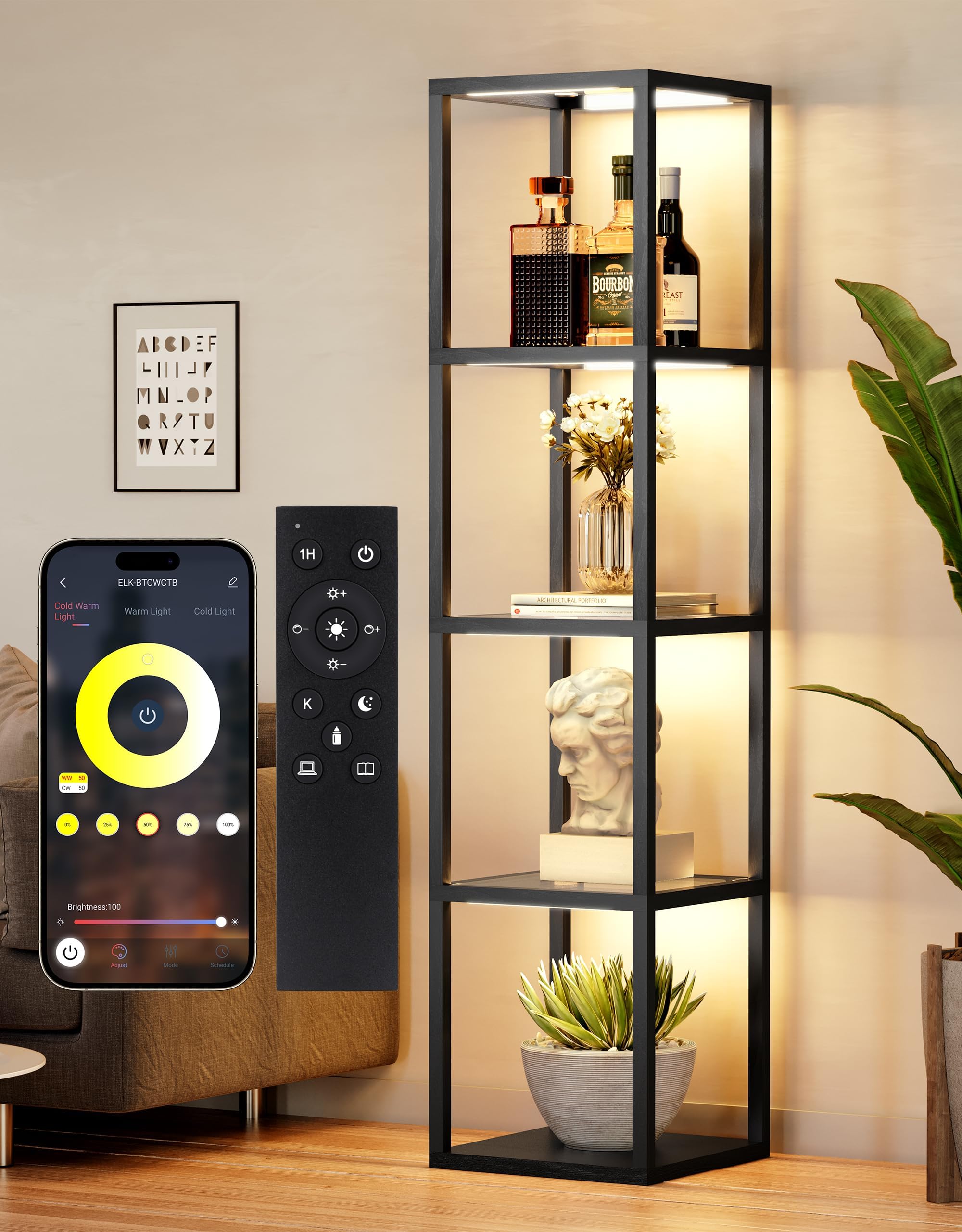 PARTPHONER Large Glass Display Shelf with Dimmable LED Floor Lamp, Remote/APP Control, Black, Model PAFP088AB1