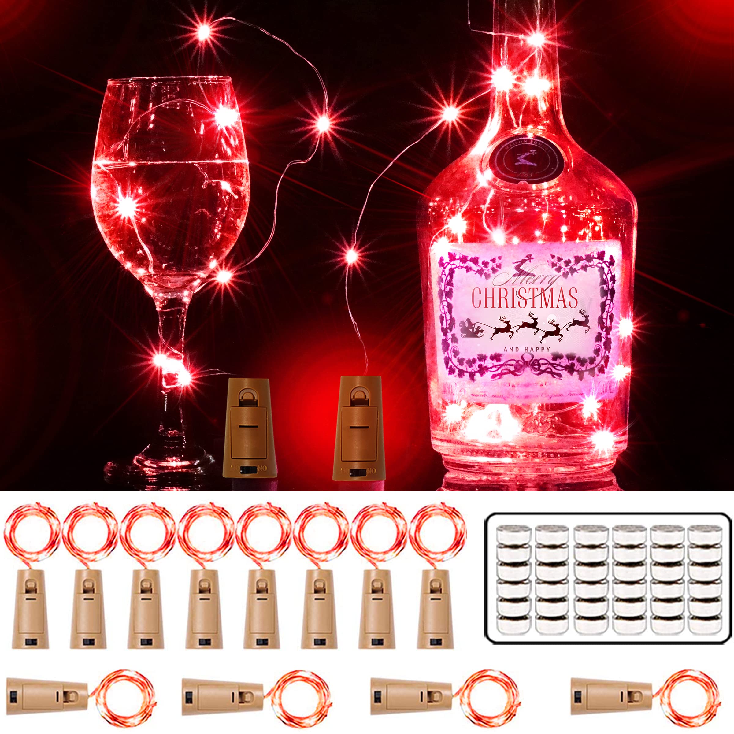 SmilingTown 12 Packs 20 LED Beverage Bottle Lights with Cork - Red Fairy String Lights Battery Operated Cork Lights for Beverage Beverage Bottle Jar Vase Christmas Birthday Wedding Halloween Party Table Decor