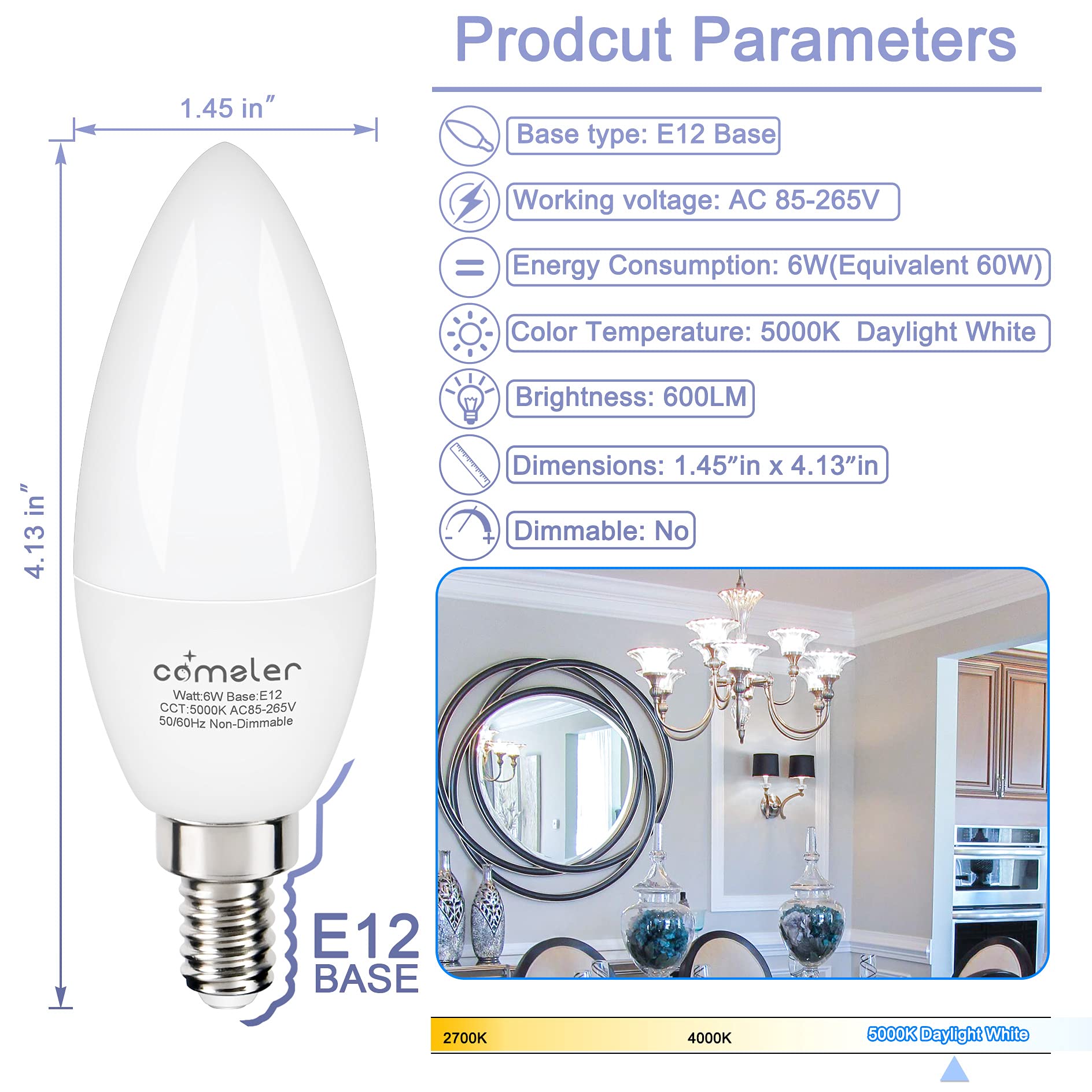 Comzler E12 Led Bulb Candelabra Led Light Bulbs, 60W Equivalent, Daylight 5000K Ceiling Fan Light Bulbs 600Lm, Type B Shape Chan