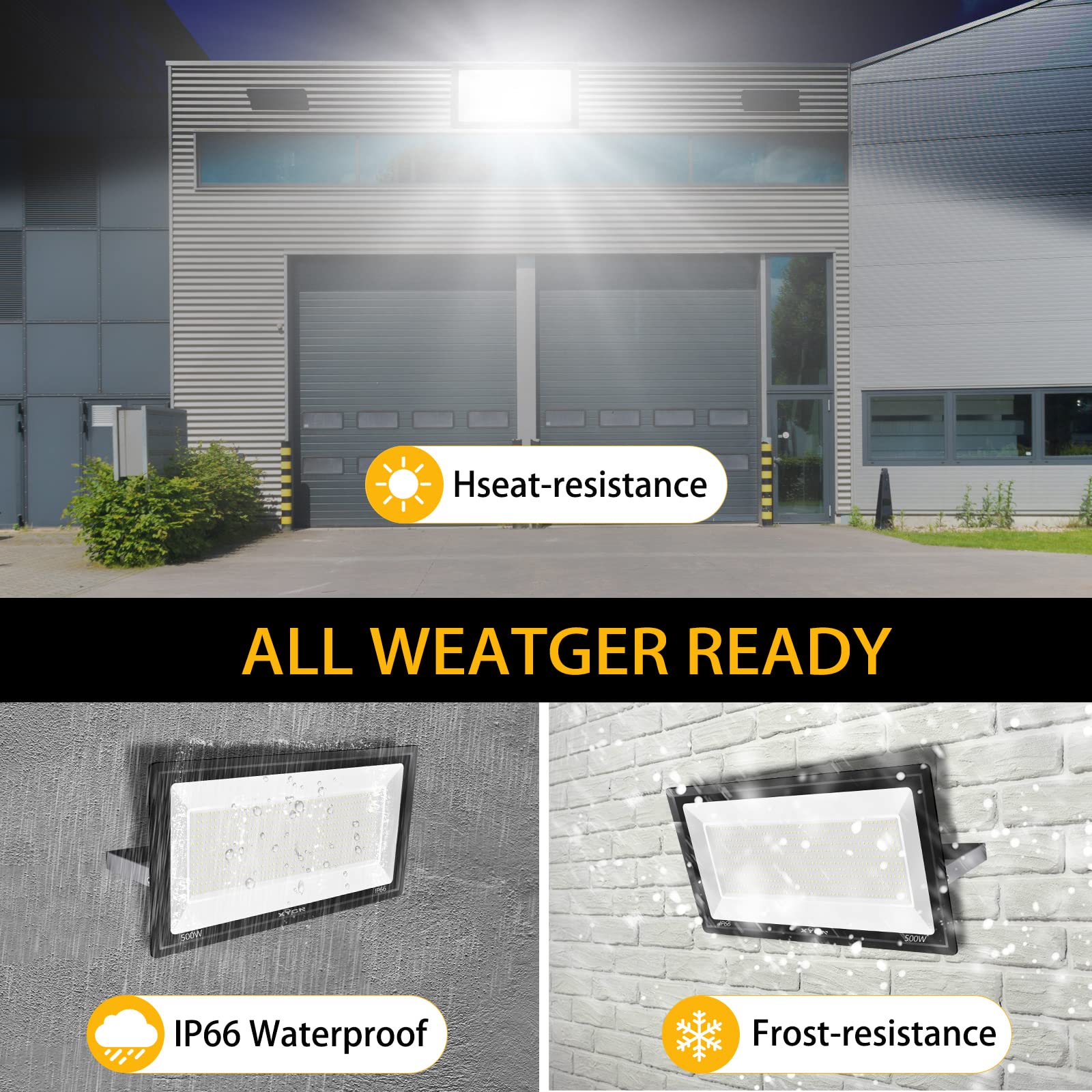 XYCN 500W LED Flood Light - 58,500LM Daylight 5000K, IP66 Waterproof, Commercial Lighting for Outdoor Use, Model PG-600W