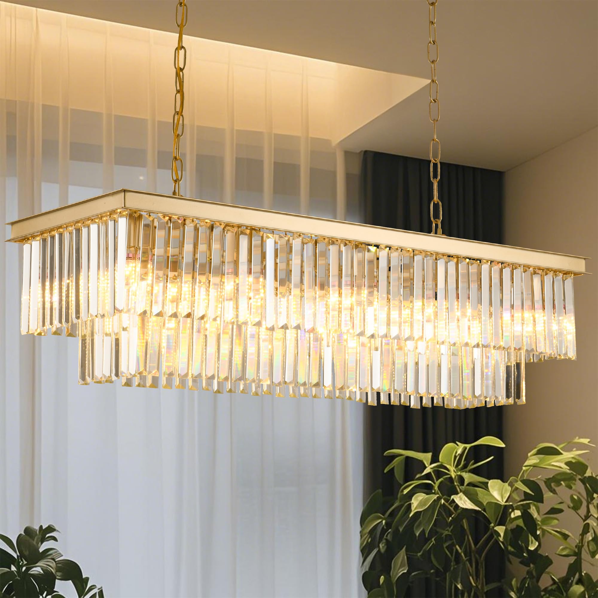 Gold Rectangular Chandelier 40 Inch-10-Light stylish Crystal Pendant Lighting For Dining Room  Kitchen Island & Bar-Adjustable Height  Flush Mount Ceiling Fixture enhanced Lighting Fixture(Gold  L-40)