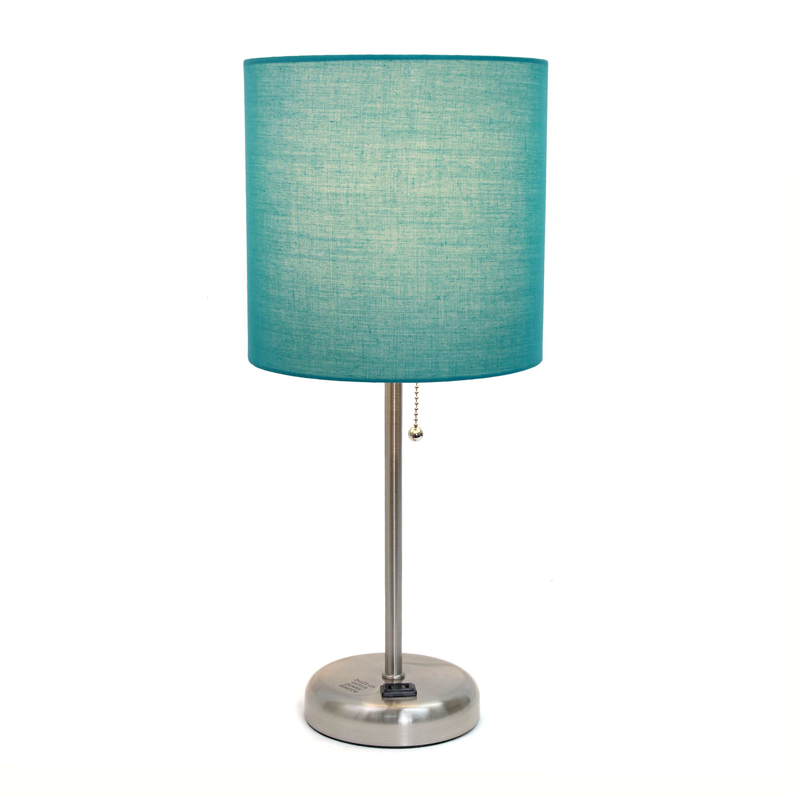 Simple Designs LT2024-TEL Brushed Steel Stick Table Desk Lamp with Charging Outlet and Drum Fabric Shade, Teal Shade (Pack of 4)