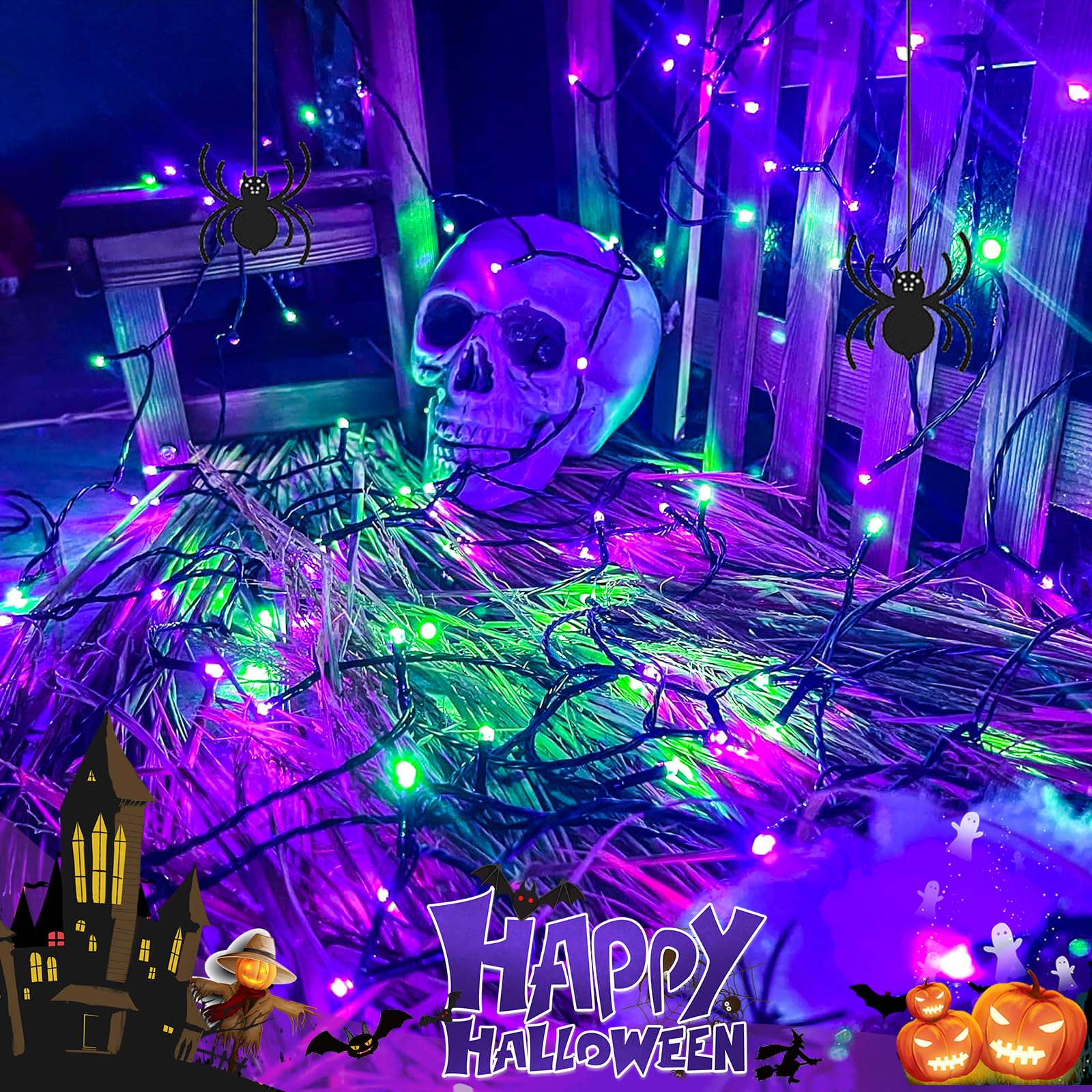 Connectable Purple And Green Halloween Lights, 2Pack 164Ft 400Led 13 Modes String Lights Plug In, Twinkle Light With Timer Indoo
