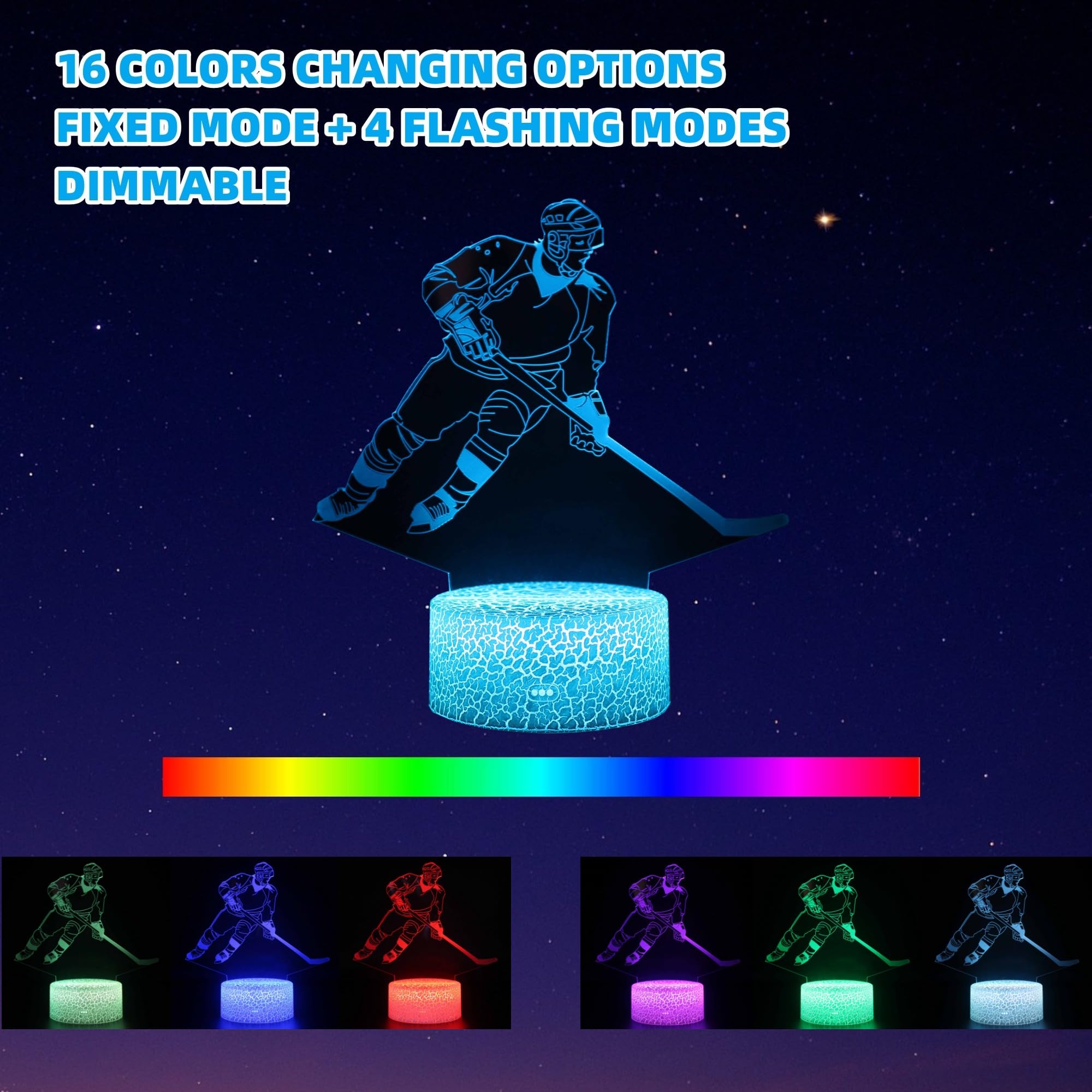 Kenmaca Ice Hockey Player Night Light For Kid Boy Girl Bedroom Decor, 3D Illusion Lamp 3 Patterns 16 Colors Changing Dimmable, T