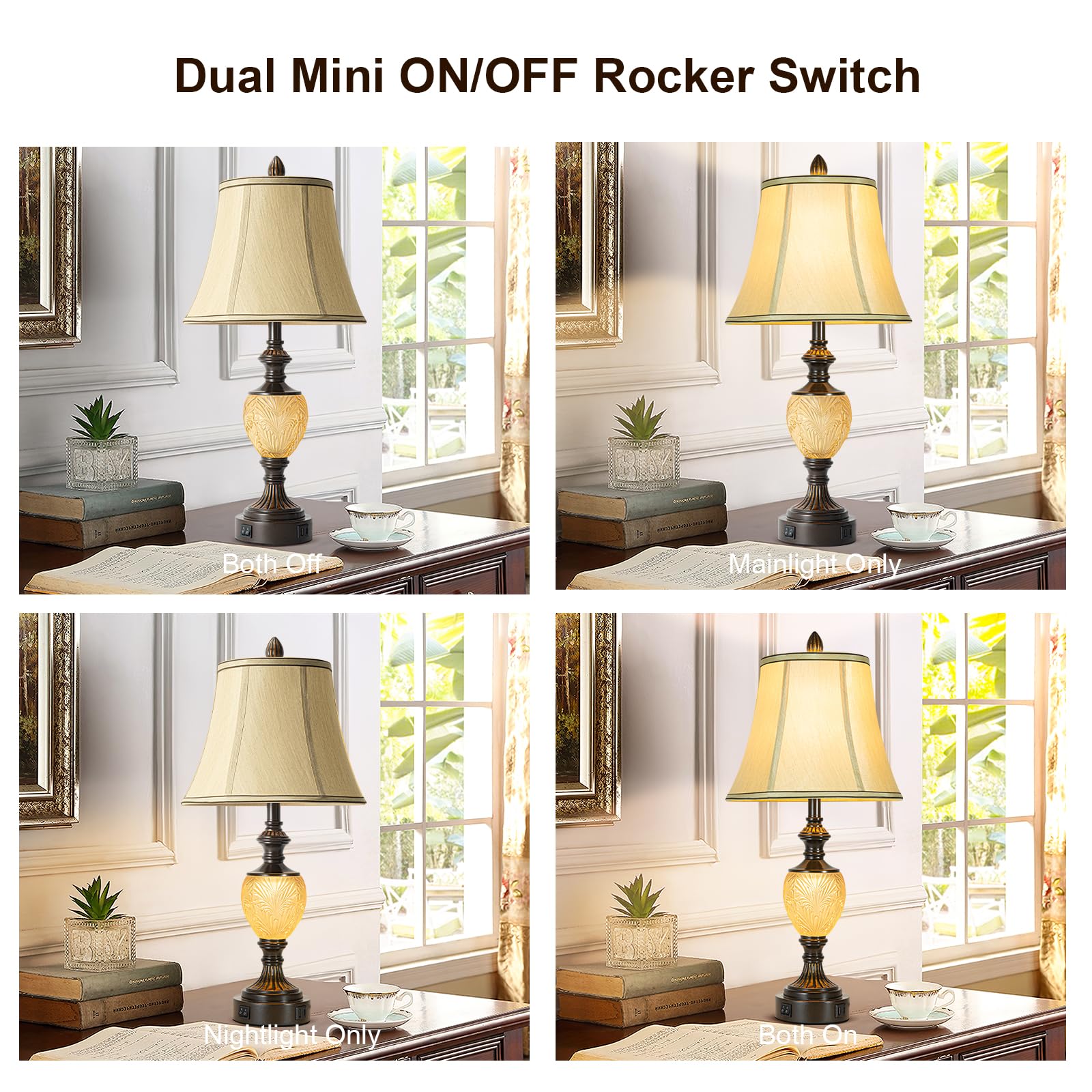 LuxSight Collection 27'' High Vintage Table Lamp Set of 2, Dark Brown, Fabric Shades, USB Nightlight, Model PL8018 for Living Room & Bedroom