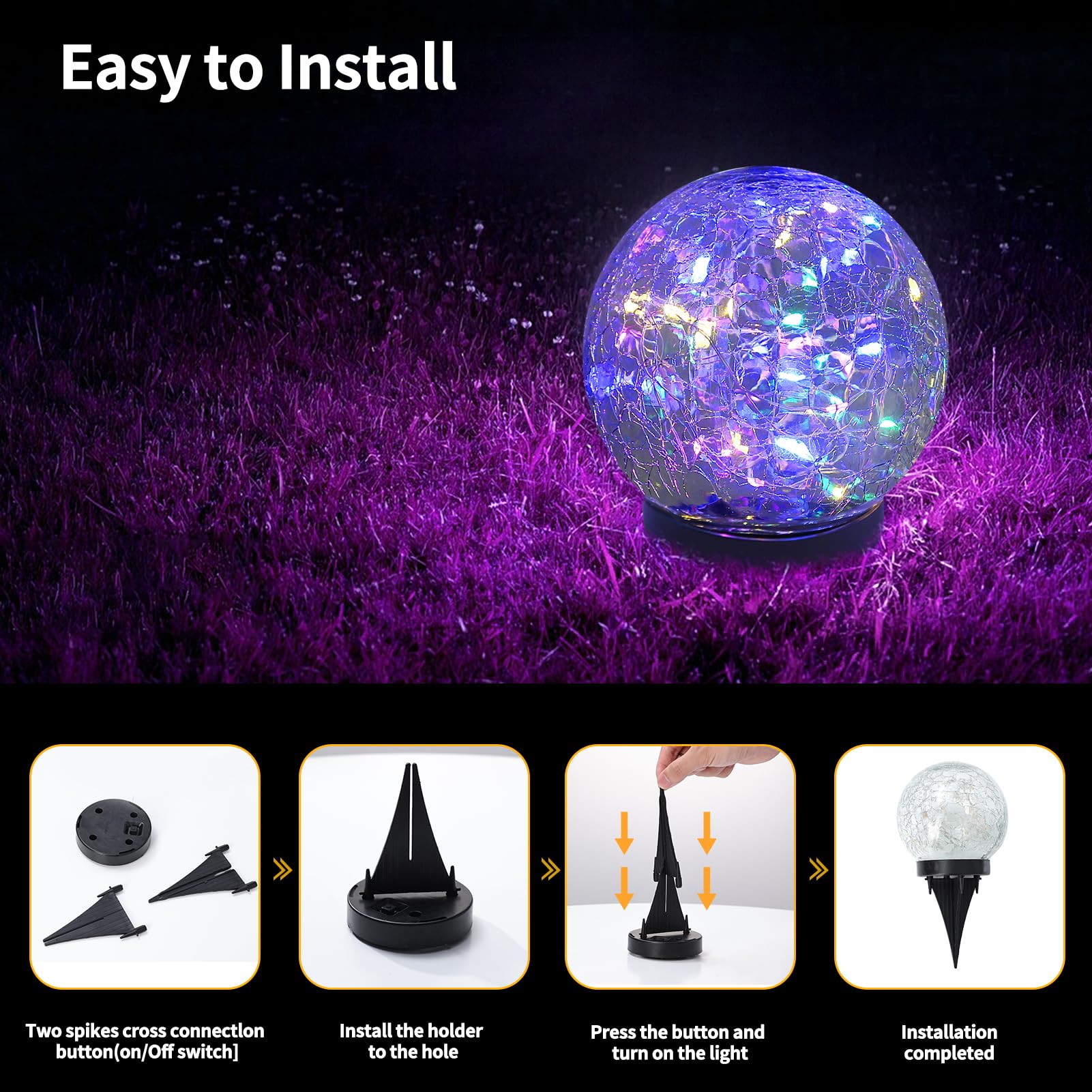 JKIMK Solar Globe Lights - Waterproof Cracked Glass Orbs, 2 Multicolor Globes for Garden, Patio, and Yard Decor, Model GUO-XBQ-4-4-4