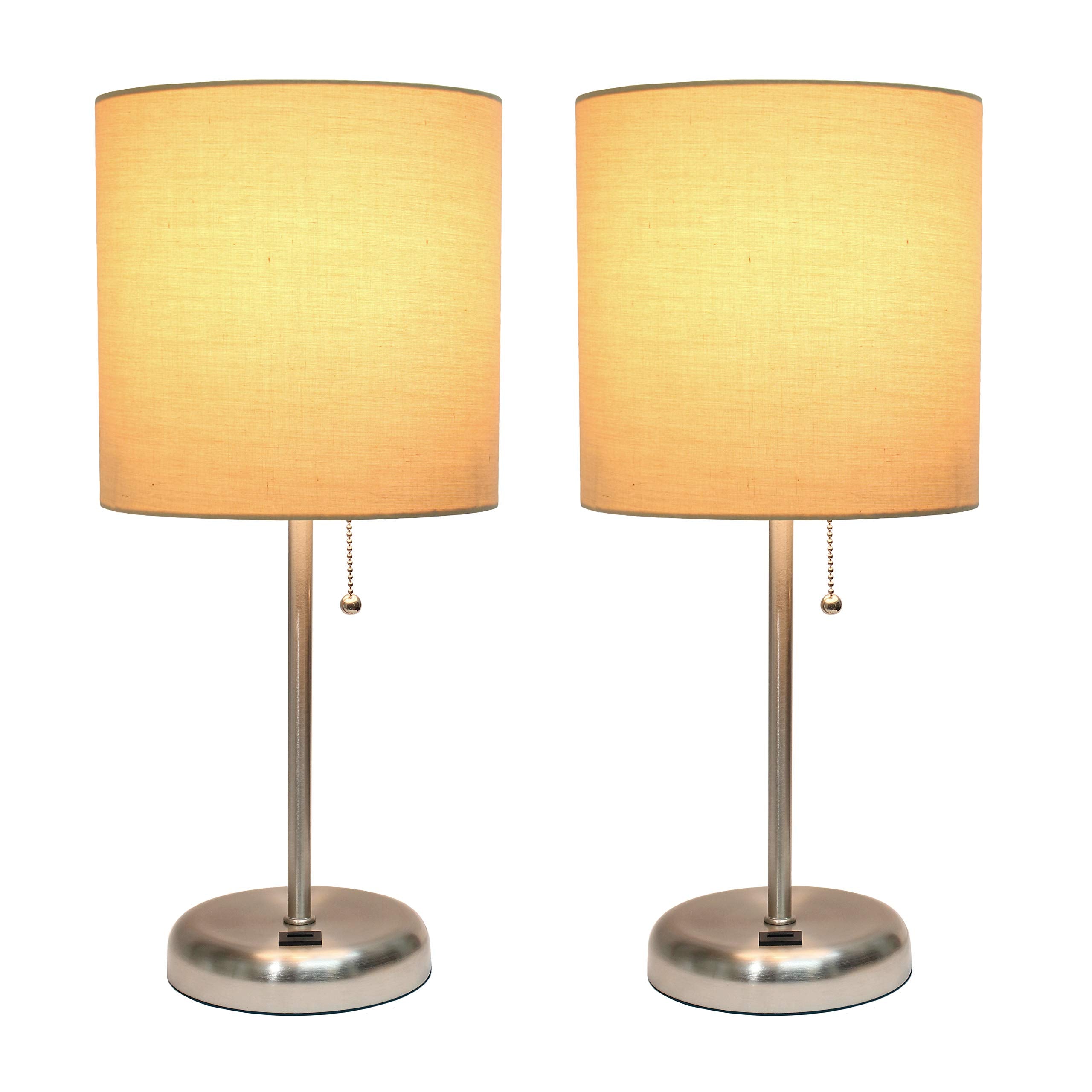 Simple Designs Lc2002-Tan-2Pk Brushed Steel Stick Table Lamp Set With Usb Charging Port And Tan Fabric Shades, 2 Pack Set