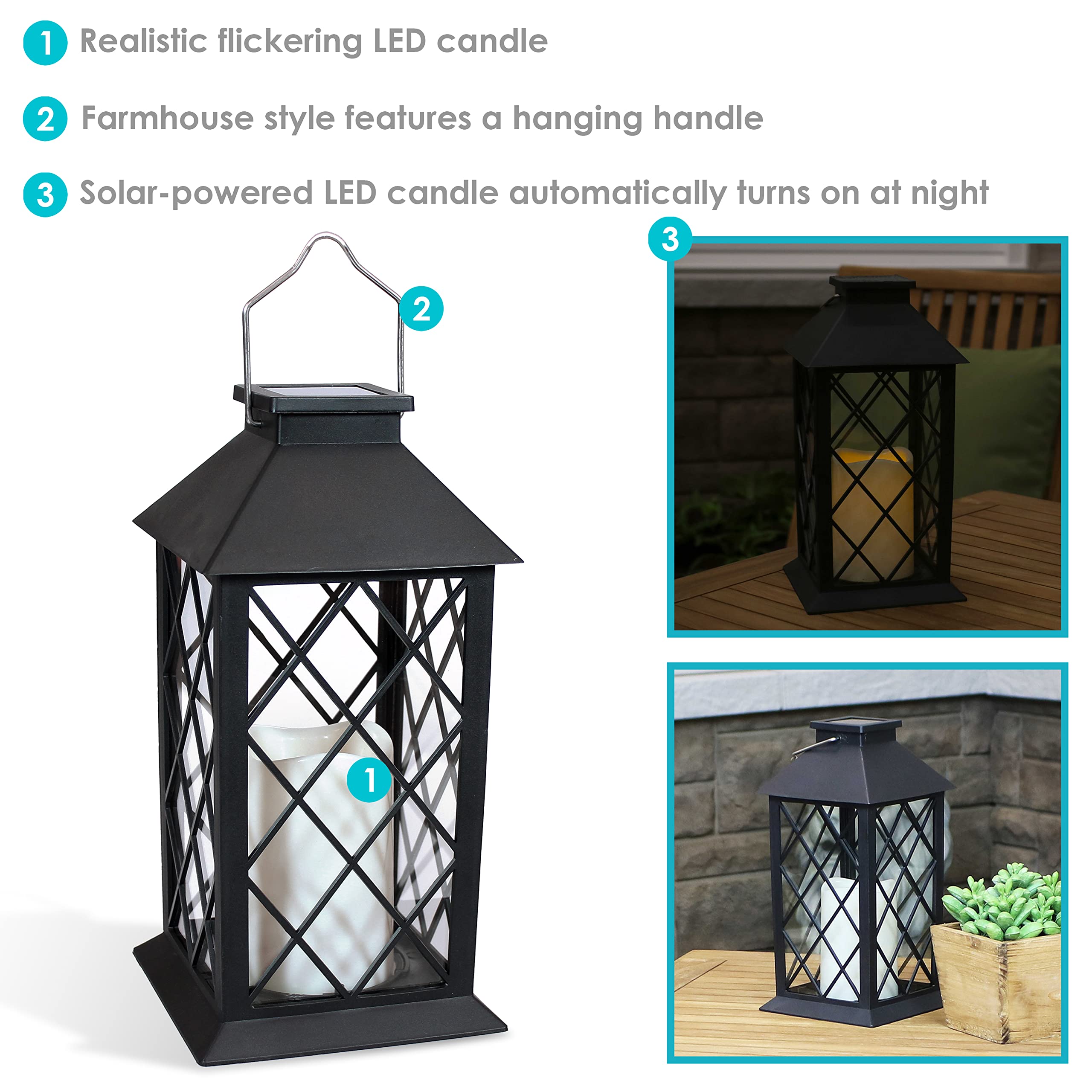 Sunnydaze 11-Inch Solar LED Decorative Candle Lantern Set of 2 - Black, Tabletop/Hanging Light, Model FOR-780-2PK