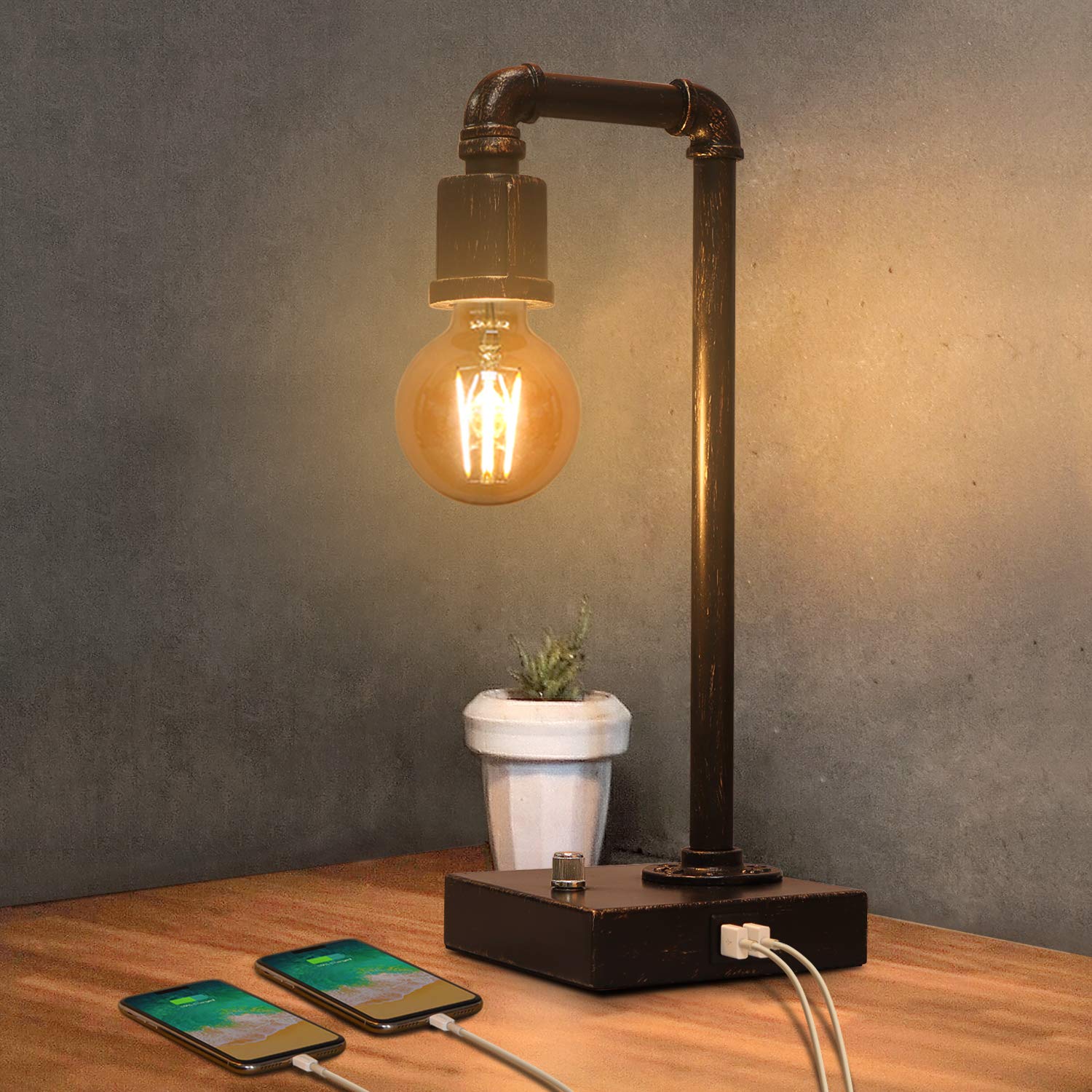Industrial Table Lamp, Vintage Bedside Lamp With Usb Charging Port Dimmable Steampunk Office Lamp Metal Pipe Edison Reading Lamp