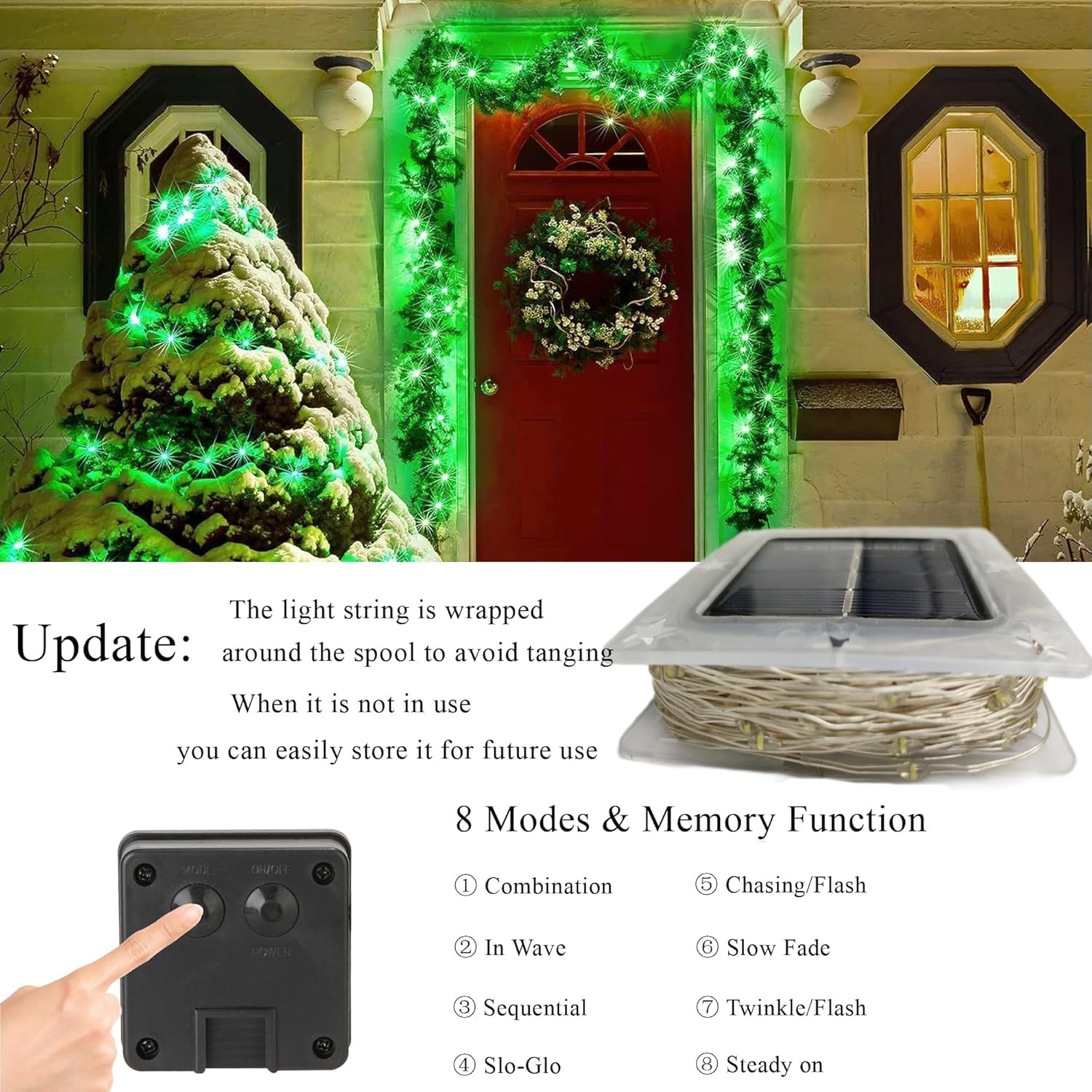 Lomotech Solar String Lights - 66ft 200LED Waterproof Fairy Lights, 8 Modes, Copper Wire, Green, Model LO-S100-005-2