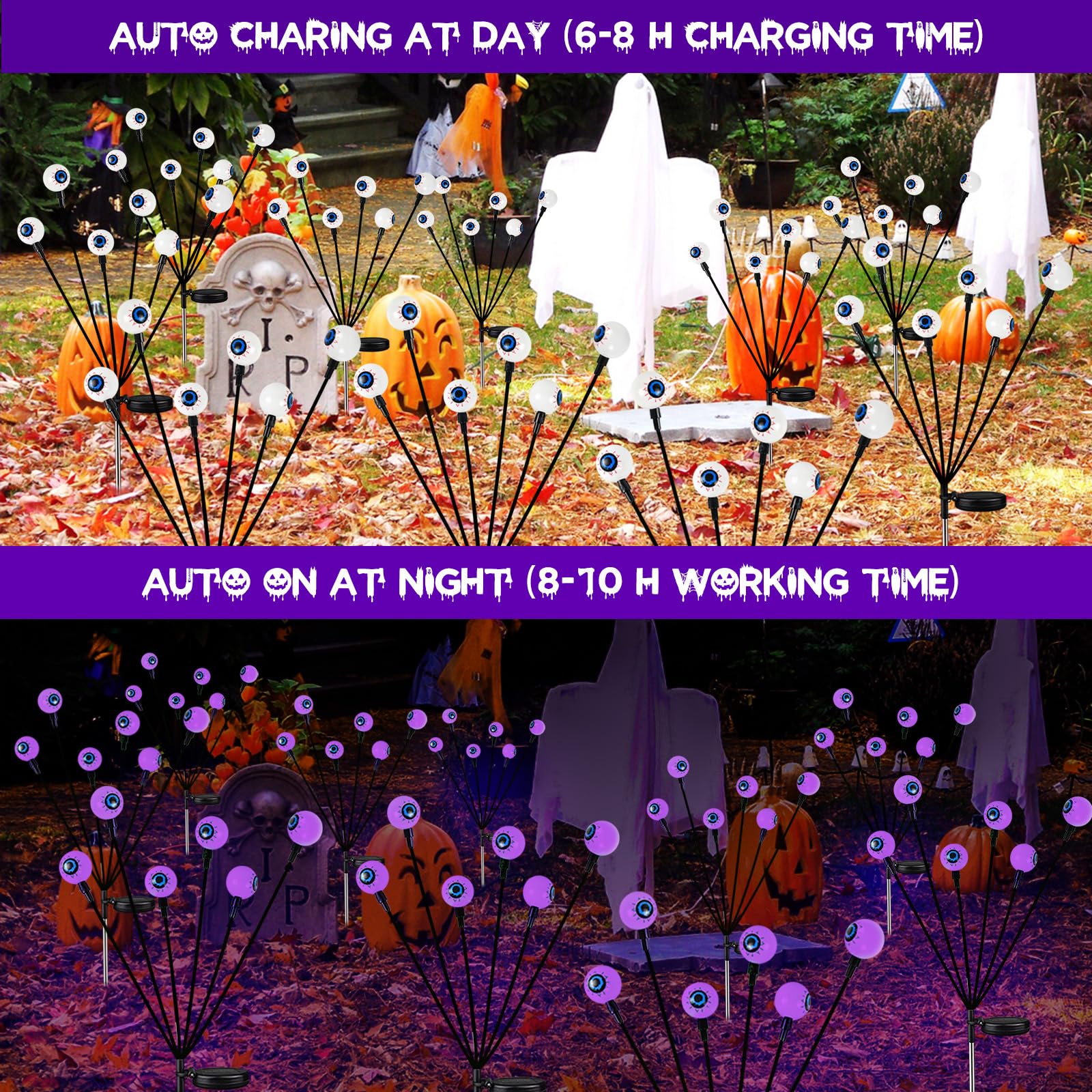 YIQU Solar Halloween Lights - 6 Pack 36 LED Purple Eyeball Lights, Waterproof with 2 Modes for Garden Pathway Decorations