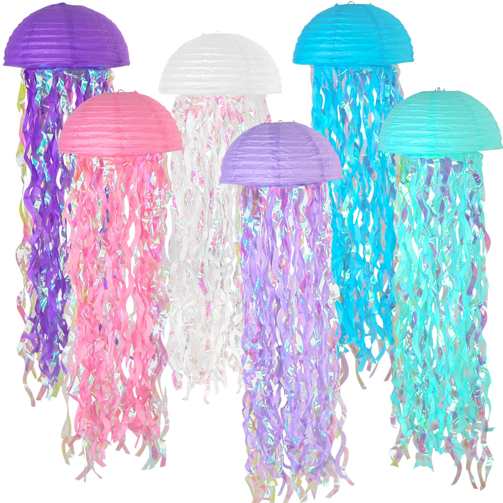 MEIDUO Jellyfish Paper Lanterns - 6 Packs Ocean Theme Party Supplies, Mixed White, Model MEIDUO414