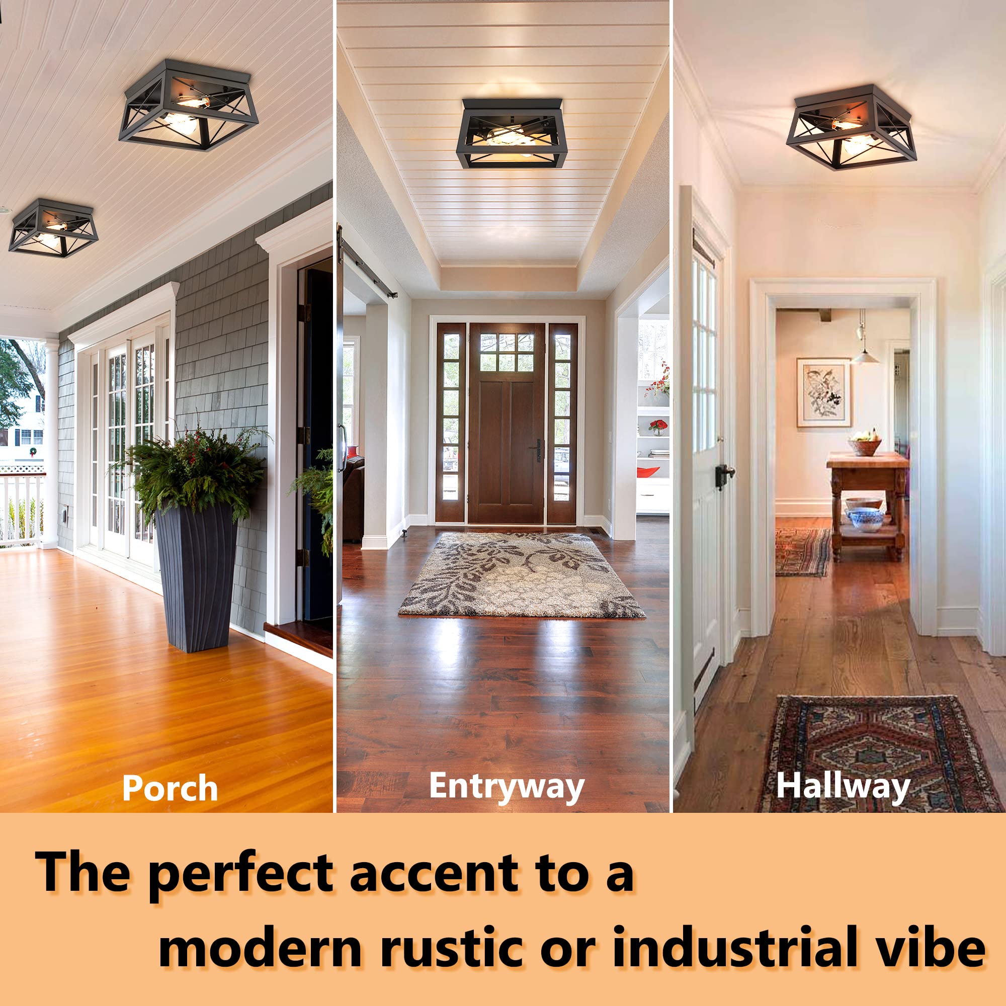 Pia Ricco Flush Mount Ceiling Light Fixture, Outdoor Ceiling Light For Porch, Black Farmhouse Ceiling Light, Modern Industrial S